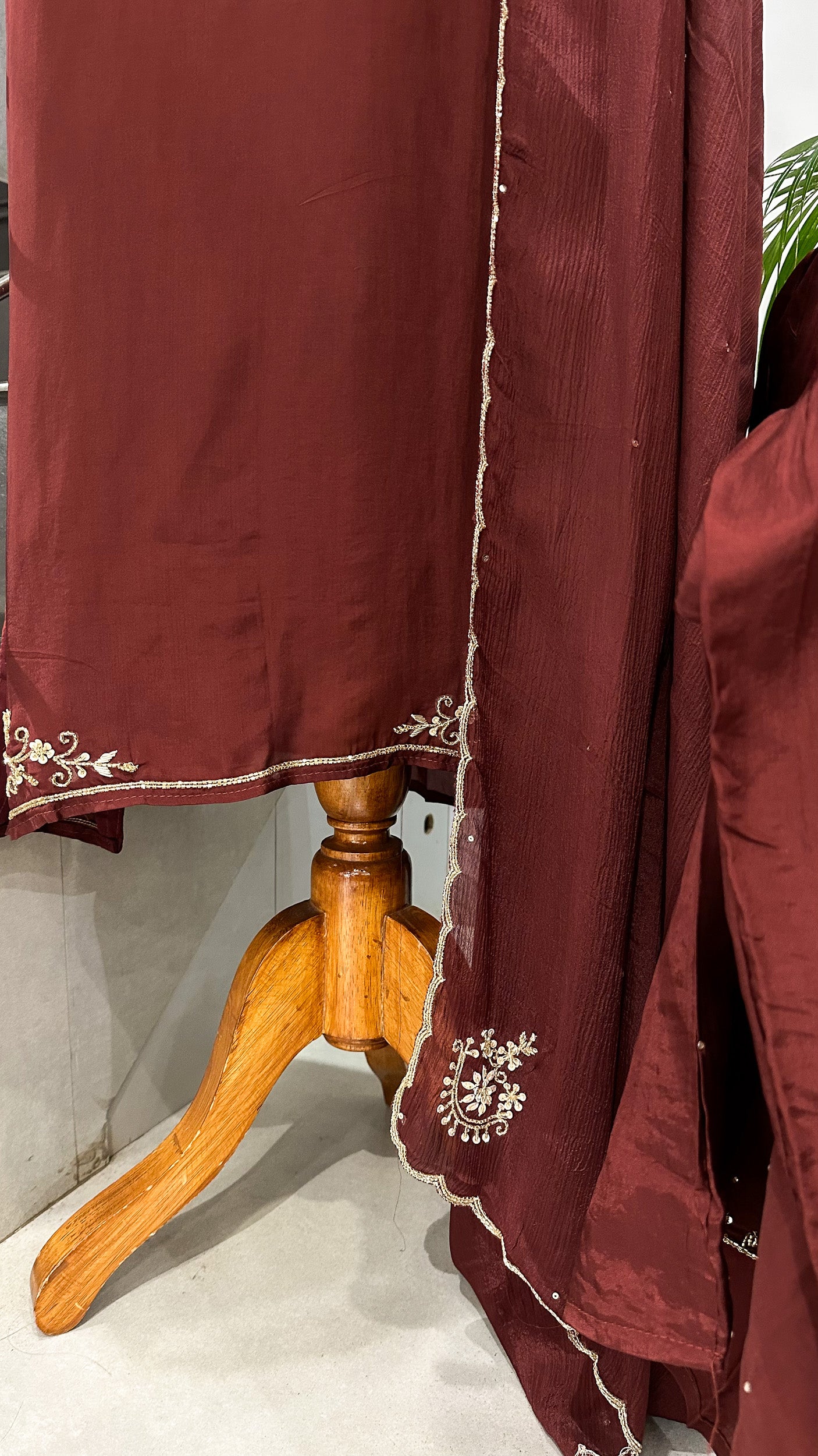 Maroon Crepe Silk Partywear Churidar Salwar Set with Chinon Dupatta