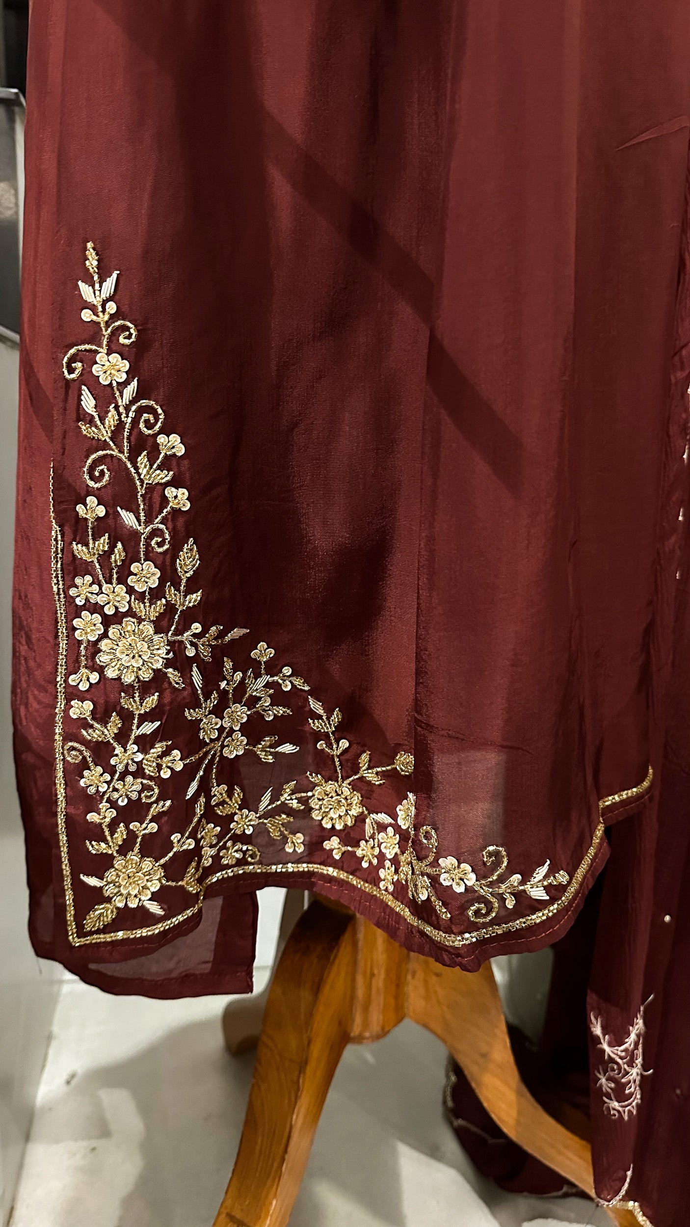 Maroon Crepe Silk Partywear Churidar Salwar Set with Chinon Dupatta