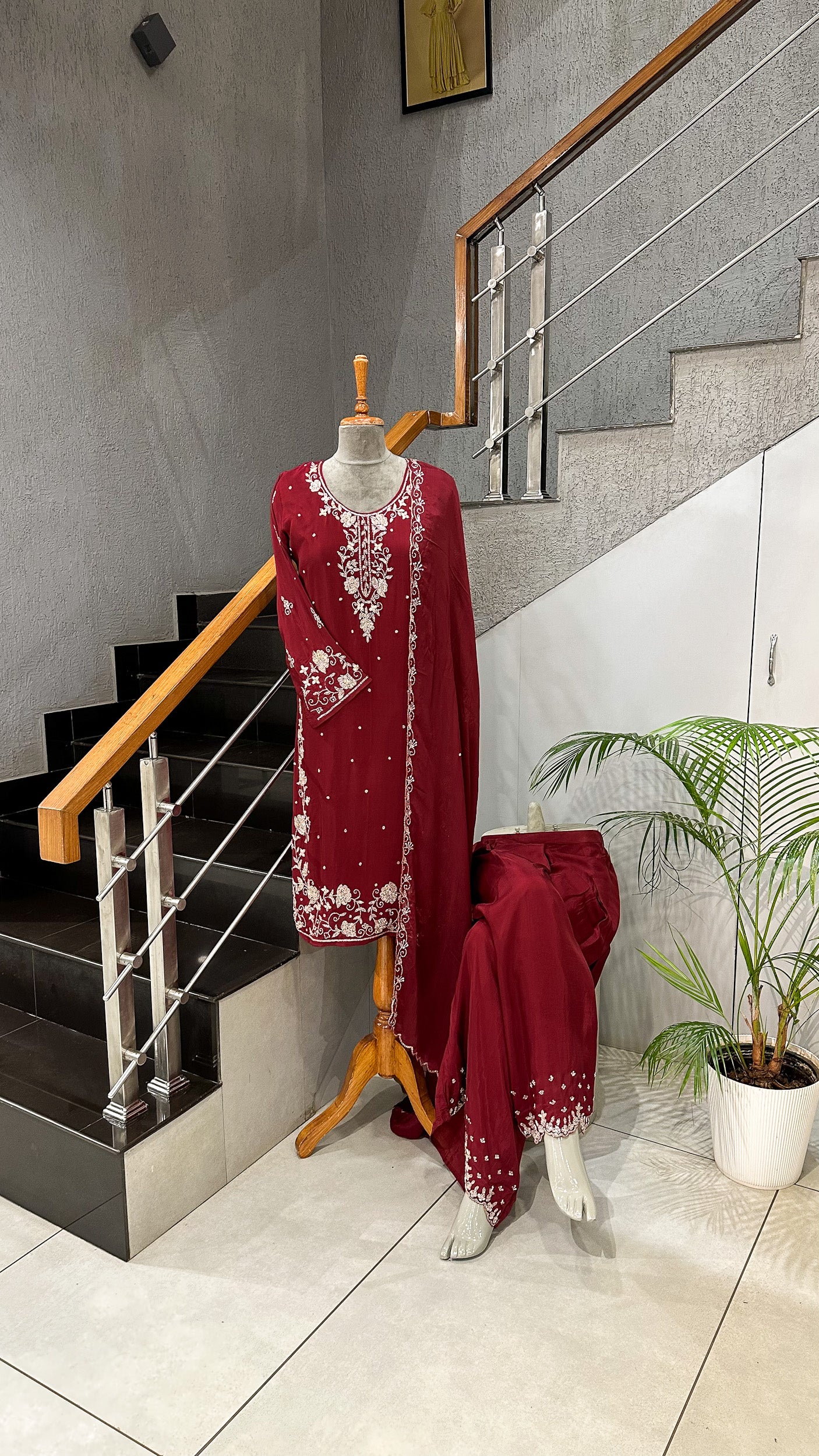 Luxury Red Handwork Churidar Set with Plazo & Chinon Dupatta | Crepe Silk Party Wear Suit