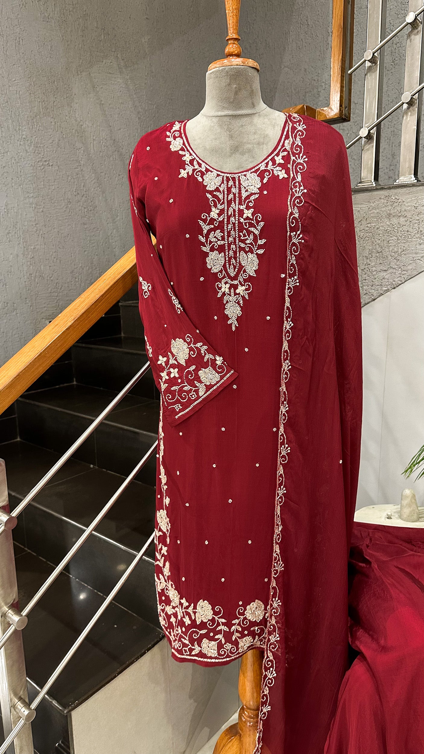 Luxury Red Handwork Churidar Set with Plazo & Chinon Dupatta | Crepe Silk Party Wear Suit