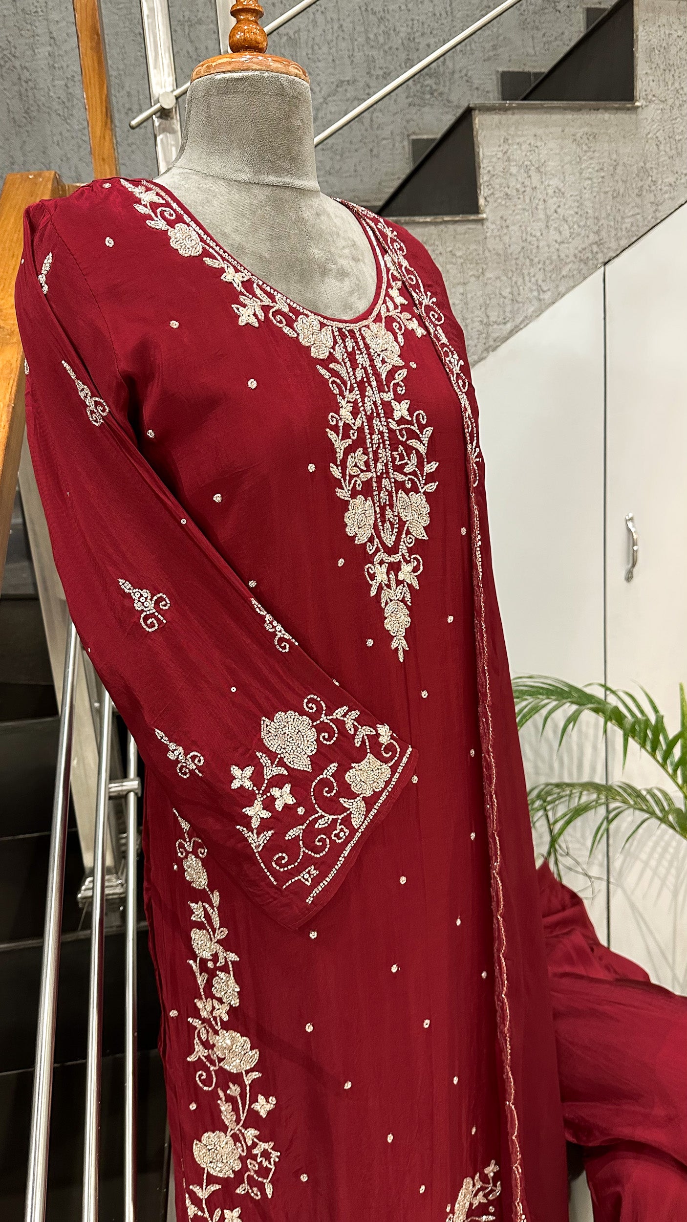 Luxury Red Handwork Churidar Set with Plazo & Chinon Dupatta | Crepe Silk Party Wear Suit