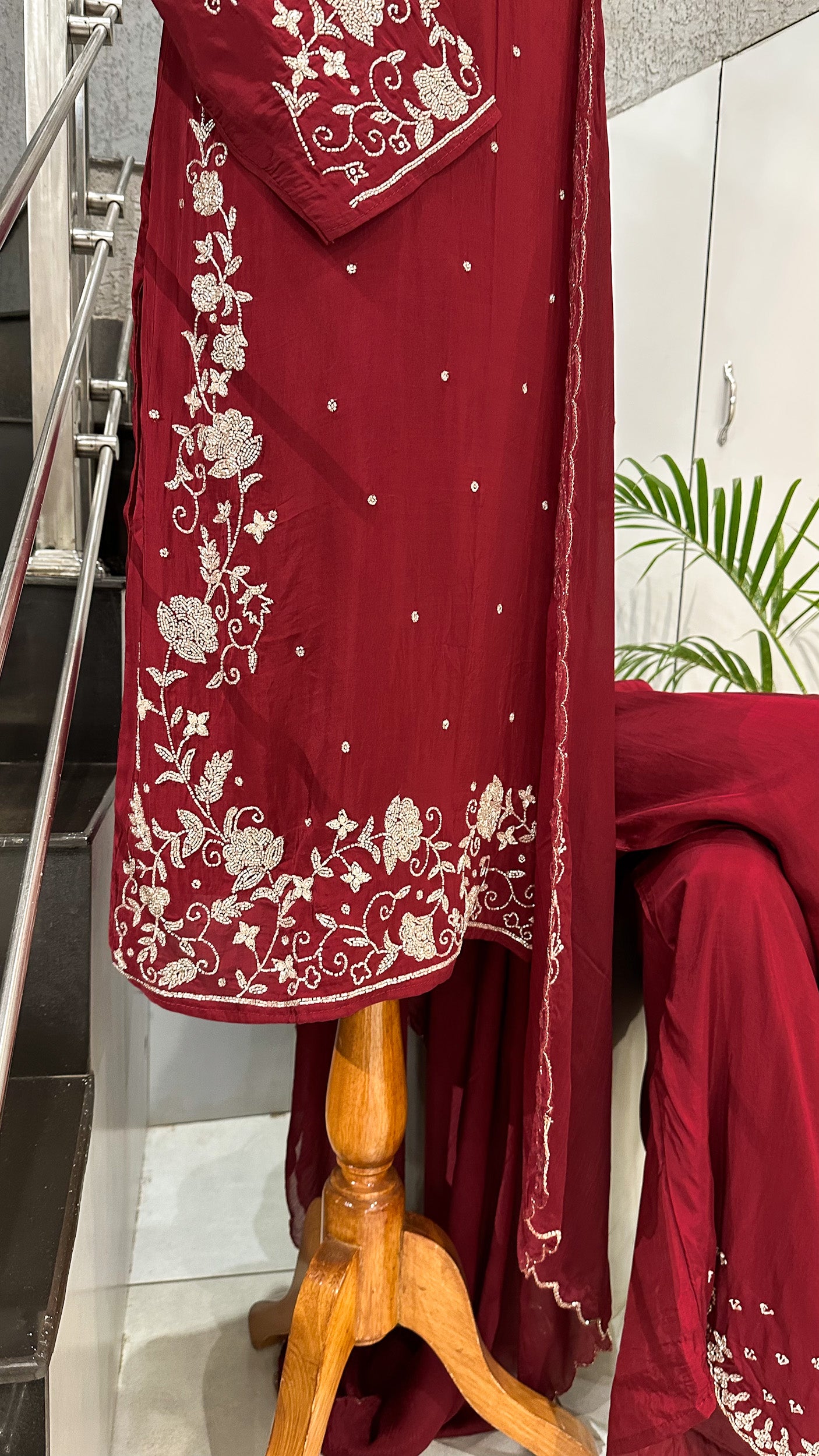 Luxury Red Handwork Churidar Set with Plazo & Chinon Dupatta | Crepe Silk Party Wear Suit