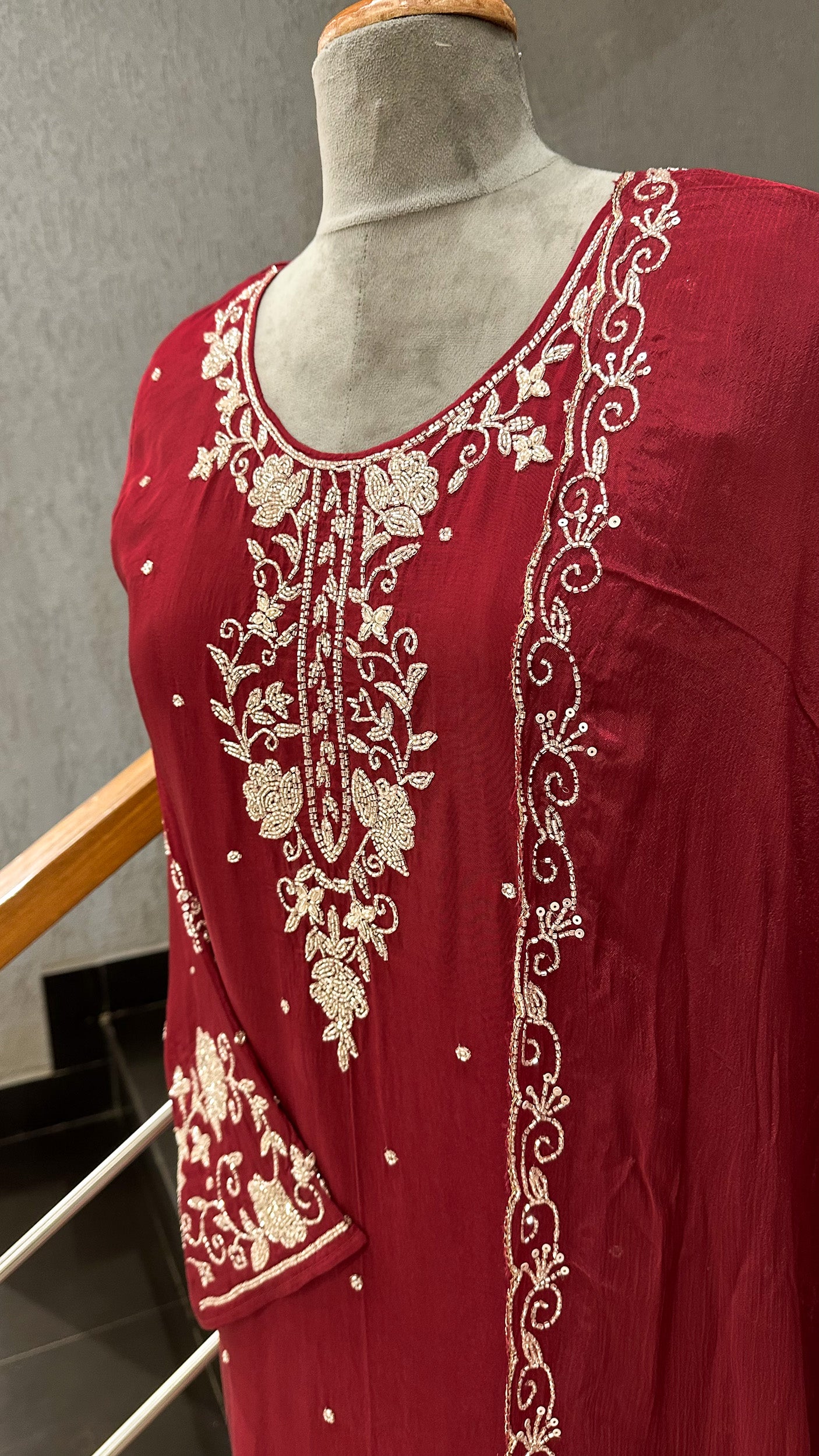 Luxury Red Handwork Churidar Set with Plazo & Chinon Dupatta | Crepe Silk Party Wear Suit