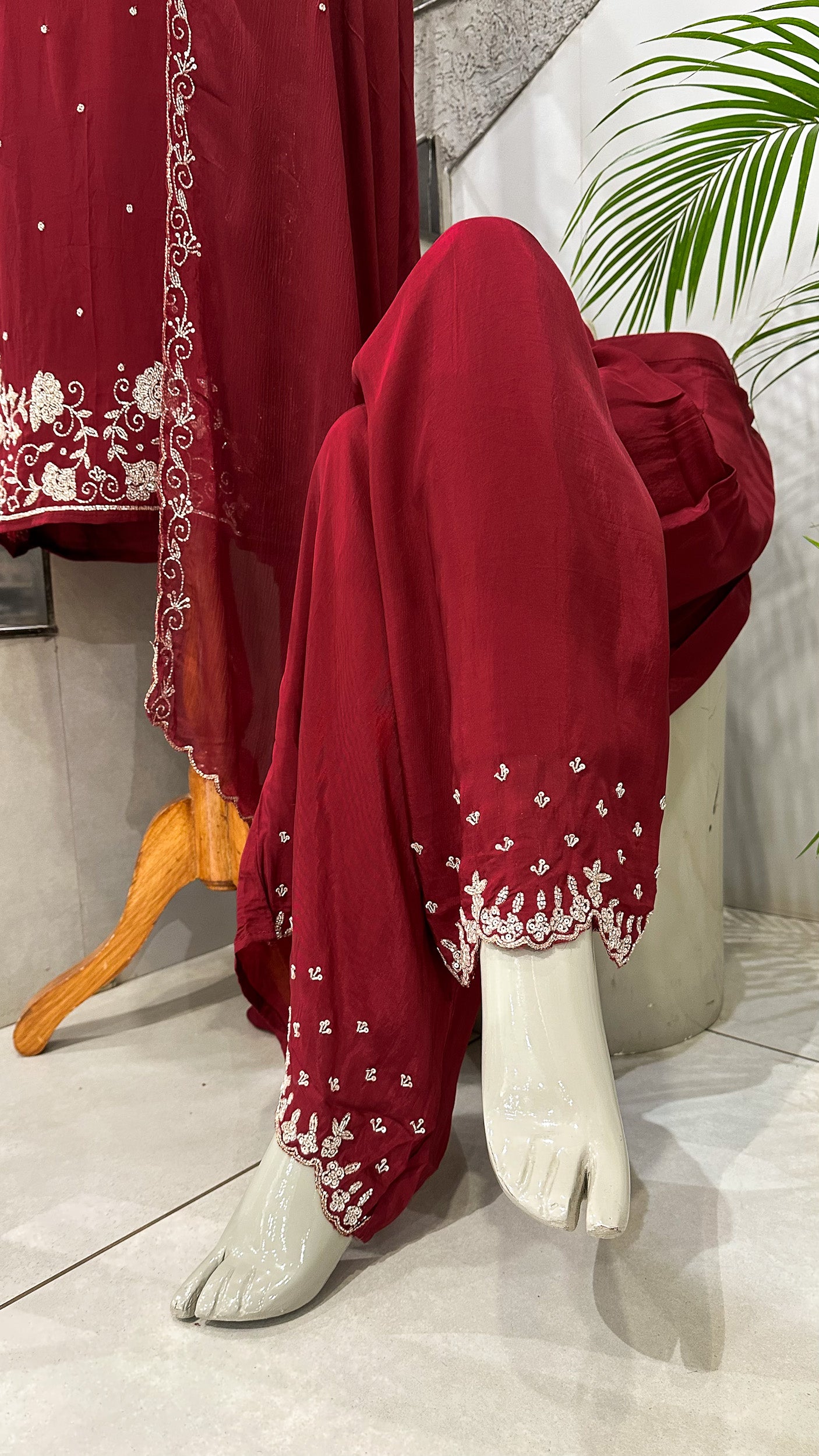 Luxury Red Handwork Churidar Set with Plazo & Chinon Dupatta | Crepe Silk Party Wear Suit