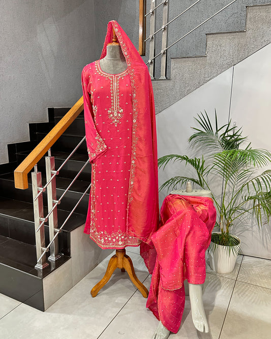 Premium Pink Shimmer Churidar Set with Dupatta & Plazo | Heavy Handwork Party Wear Suit