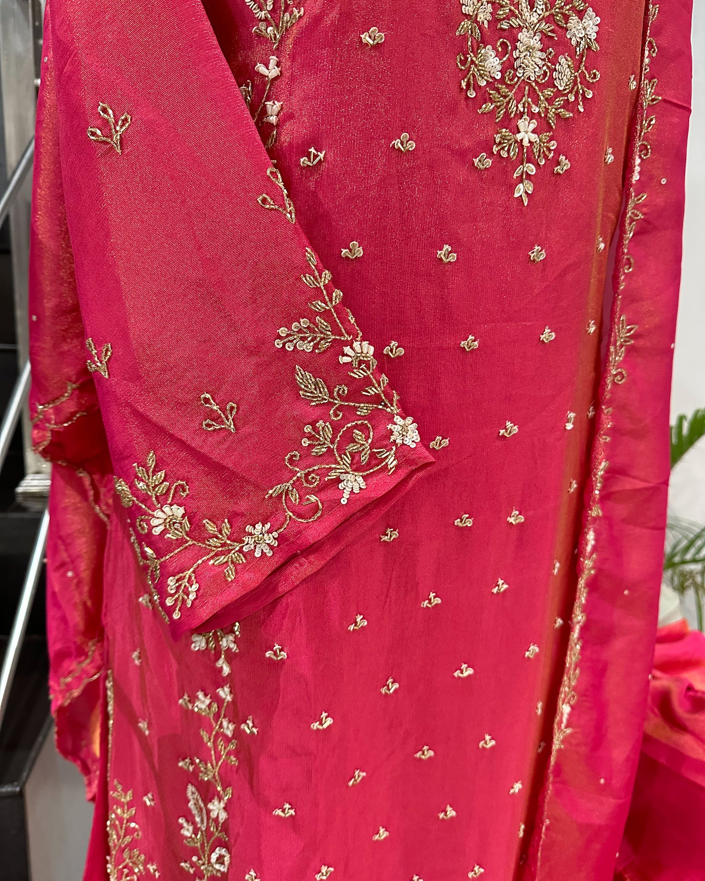 Premium Pink Shimmer Churidar Set with Dupatta & Plazo | Heavy Handwork Party Wear Suit