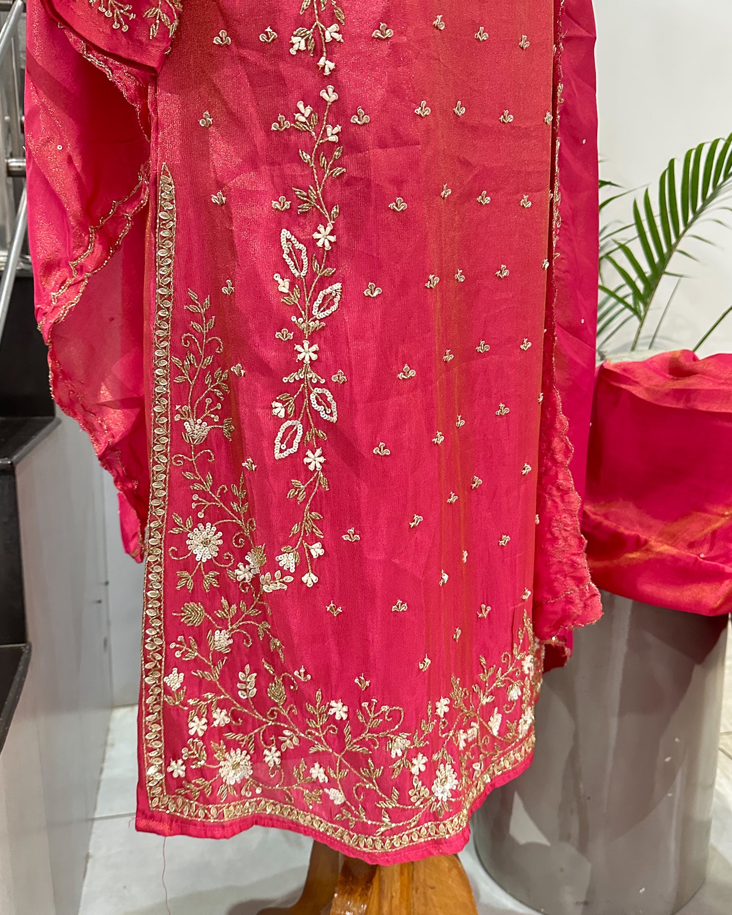 Premium Pink Shimmer Churidar Set with Dupatta & Plazo | Heavy Handwork Party Wear Suit