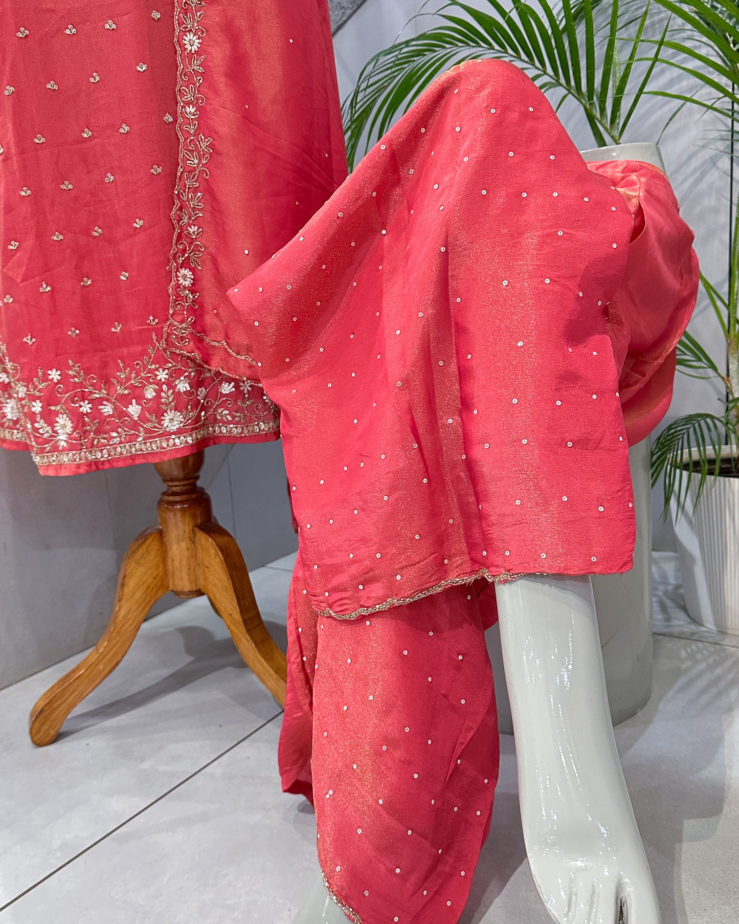 Premium Pink Shimmer Churidar Set with Dupatta & Plazo | Heavy Handwork Party Wear Suit