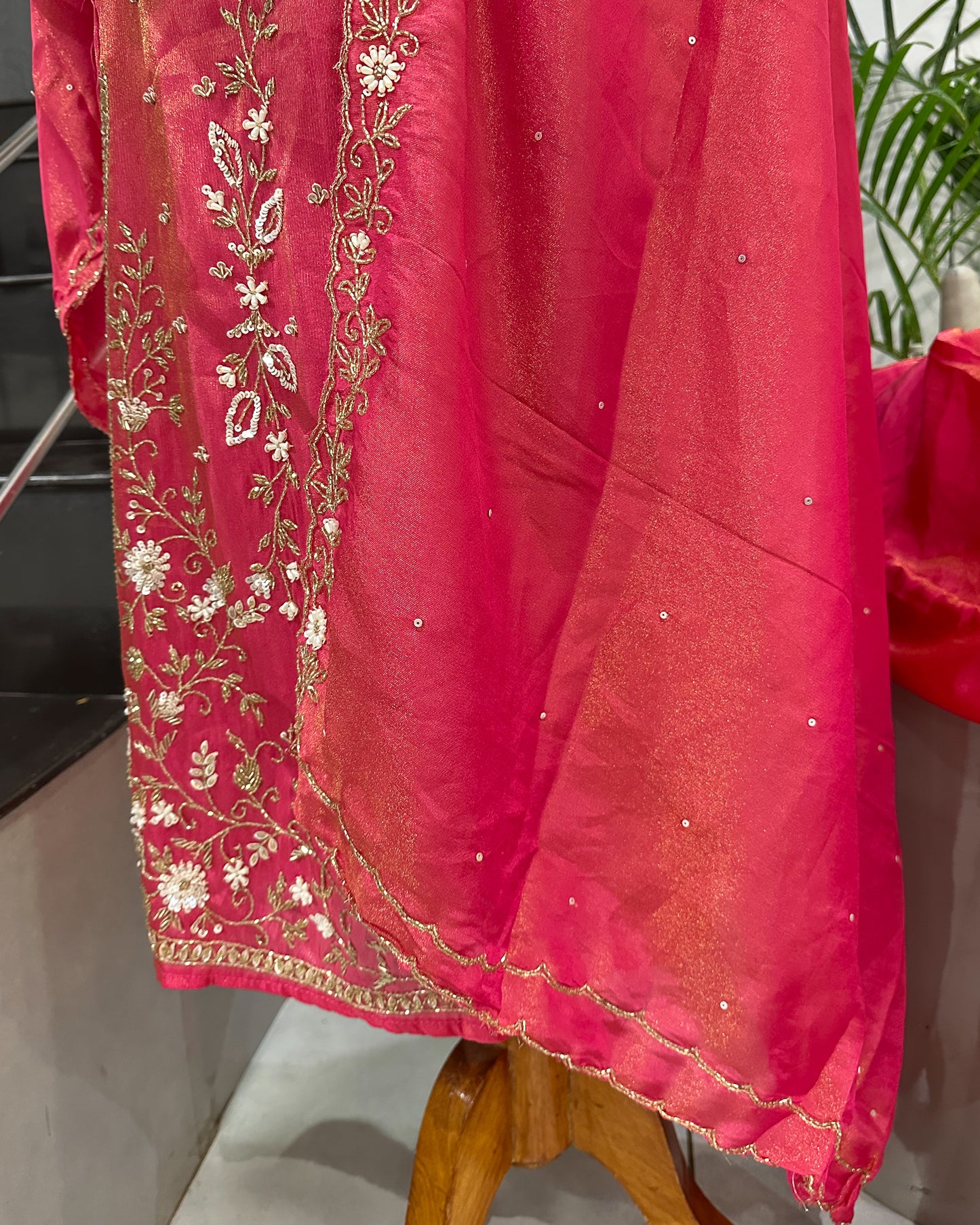 Premium Pink Shimmer Churidar Set with Dupatta & Plazo | Heavy Handwork Party Wear Suit