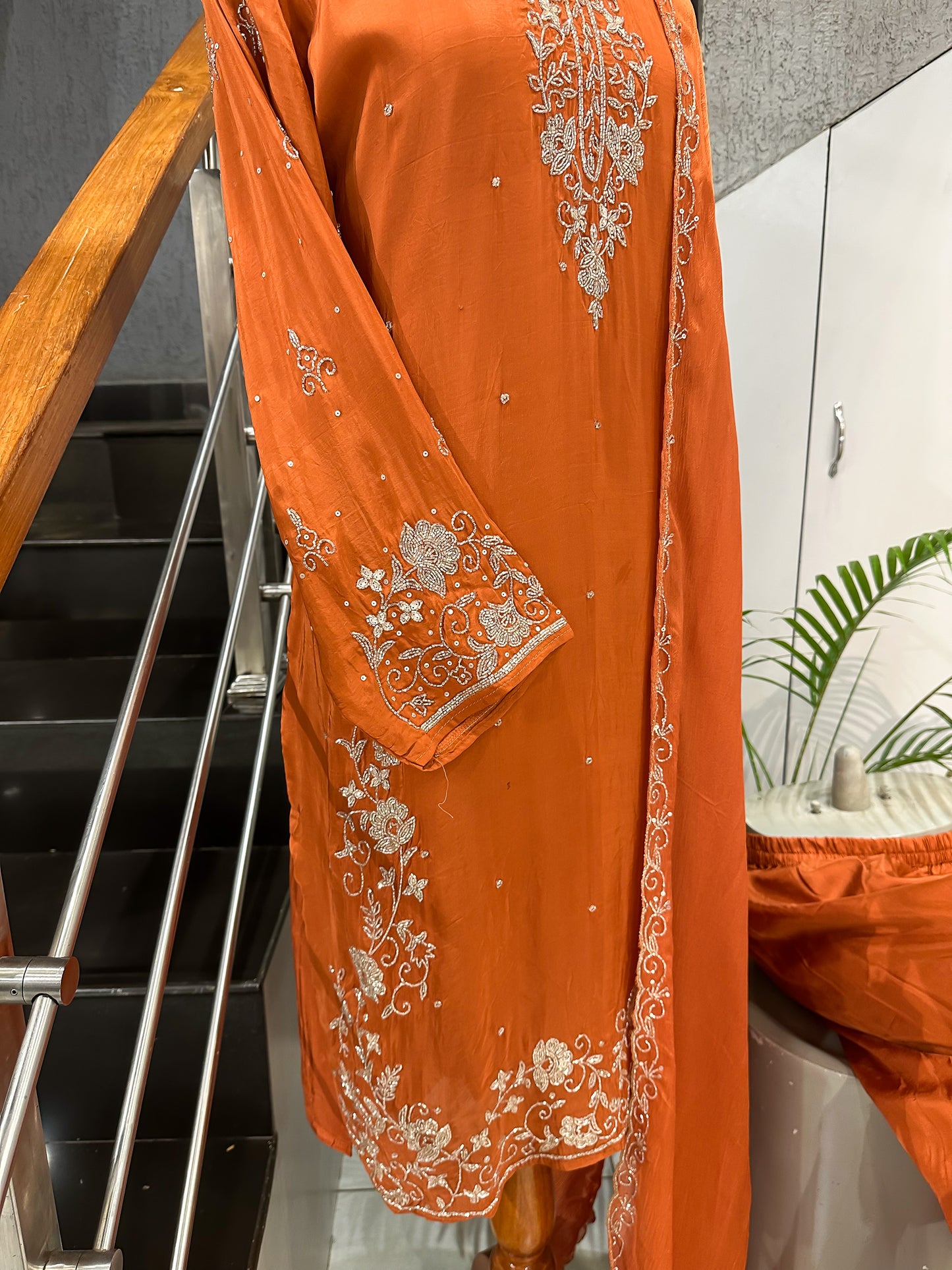 Rust Orange Handwork Churidar Set with Plazo & Chinon Dupatta | Party Wear Designer Suit