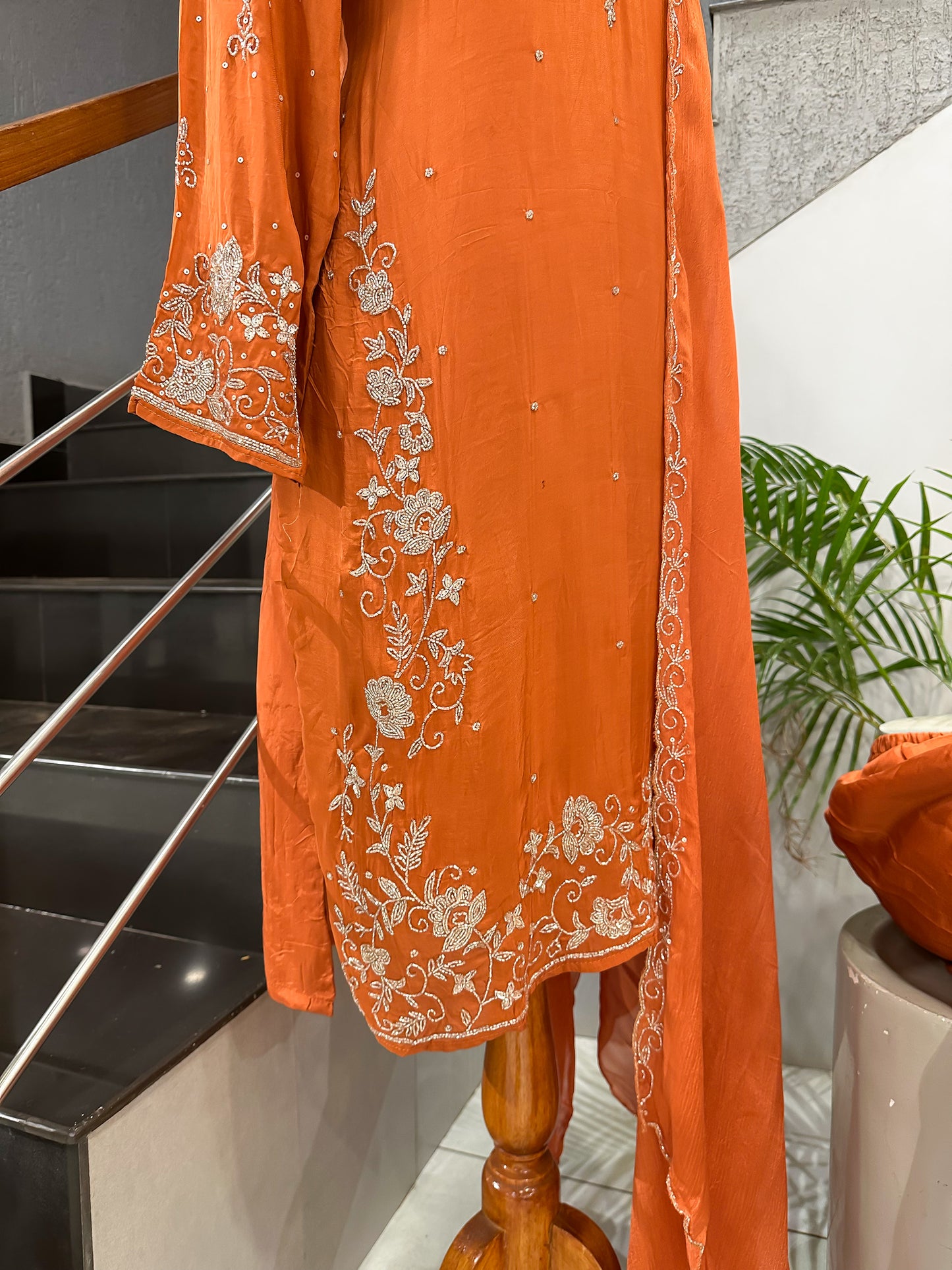 Rust Orange Handwork Churidar Set with Plazo & Chinon Dupatta | Party Wear Designer Suit