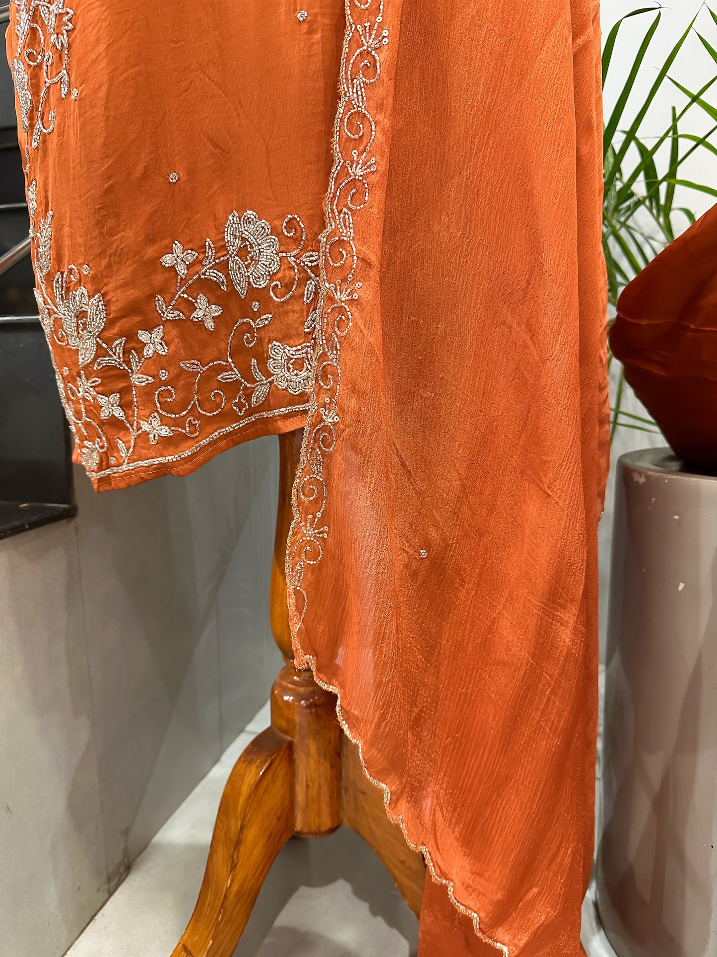 Rust Orange Handwork Churidar Set with Plazo & Chinon Dupatta | Party Wear Designer Suit