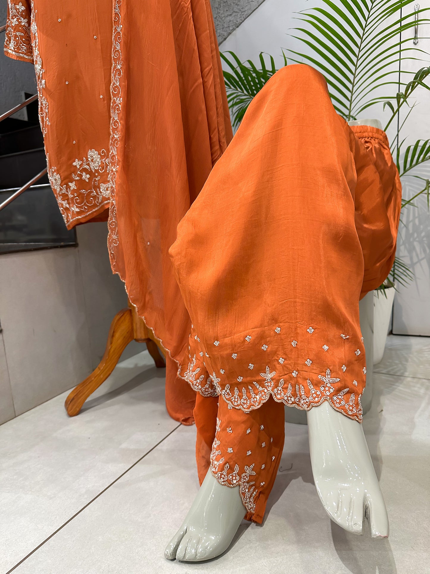 Rust Orange Handwork Churidar Set with Plazo & Chinon Dupatta | Party Wear Designer Suit