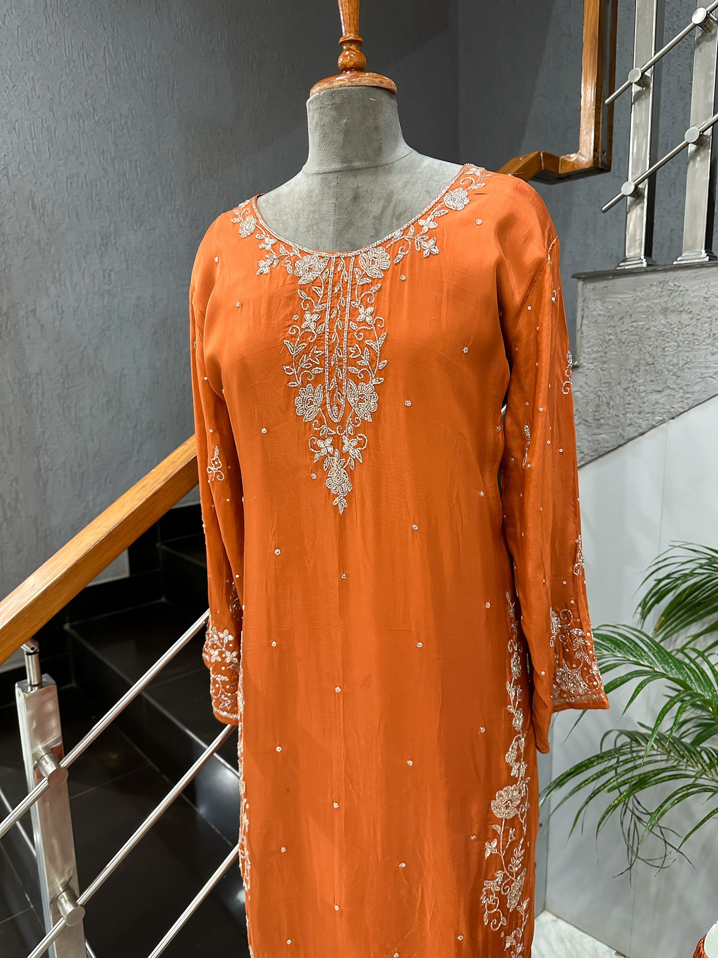 Rust Orange Handwork Churidar Set with Plazo & Chinon Dupatta | Party Wear Designer Suit