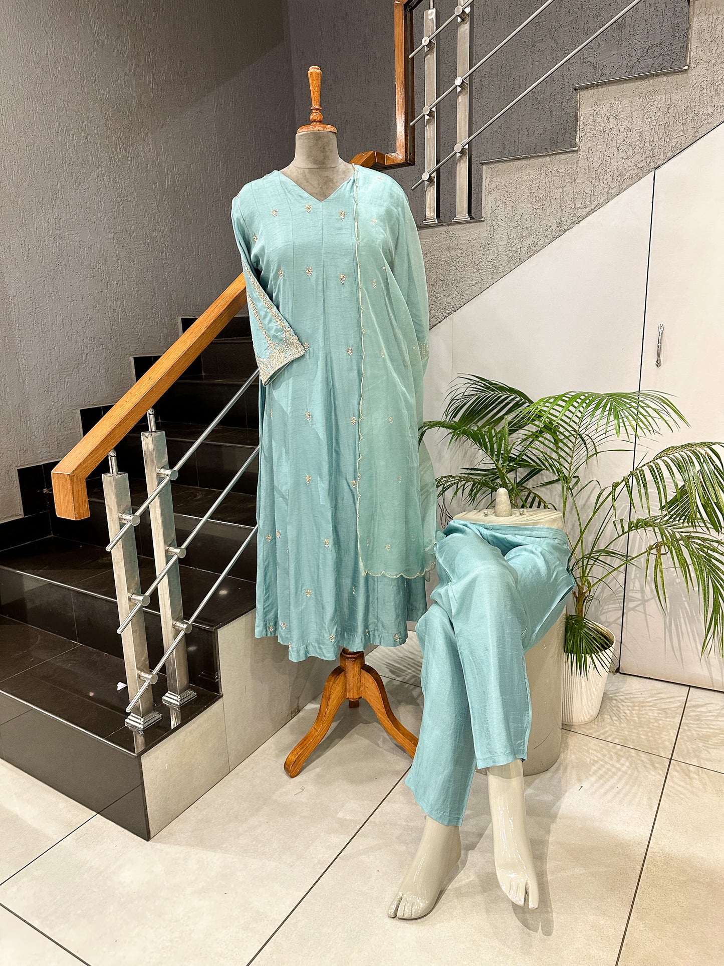 Pastel Blue Dola Silk Anarkali Set with Organza Dupatta | Elegant Festive Wear Suit