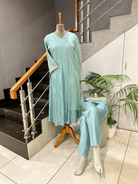 Pastel Blue Dola Silk Anarkali Set with Organza Dupatta | Elegant Festive Wear Suit