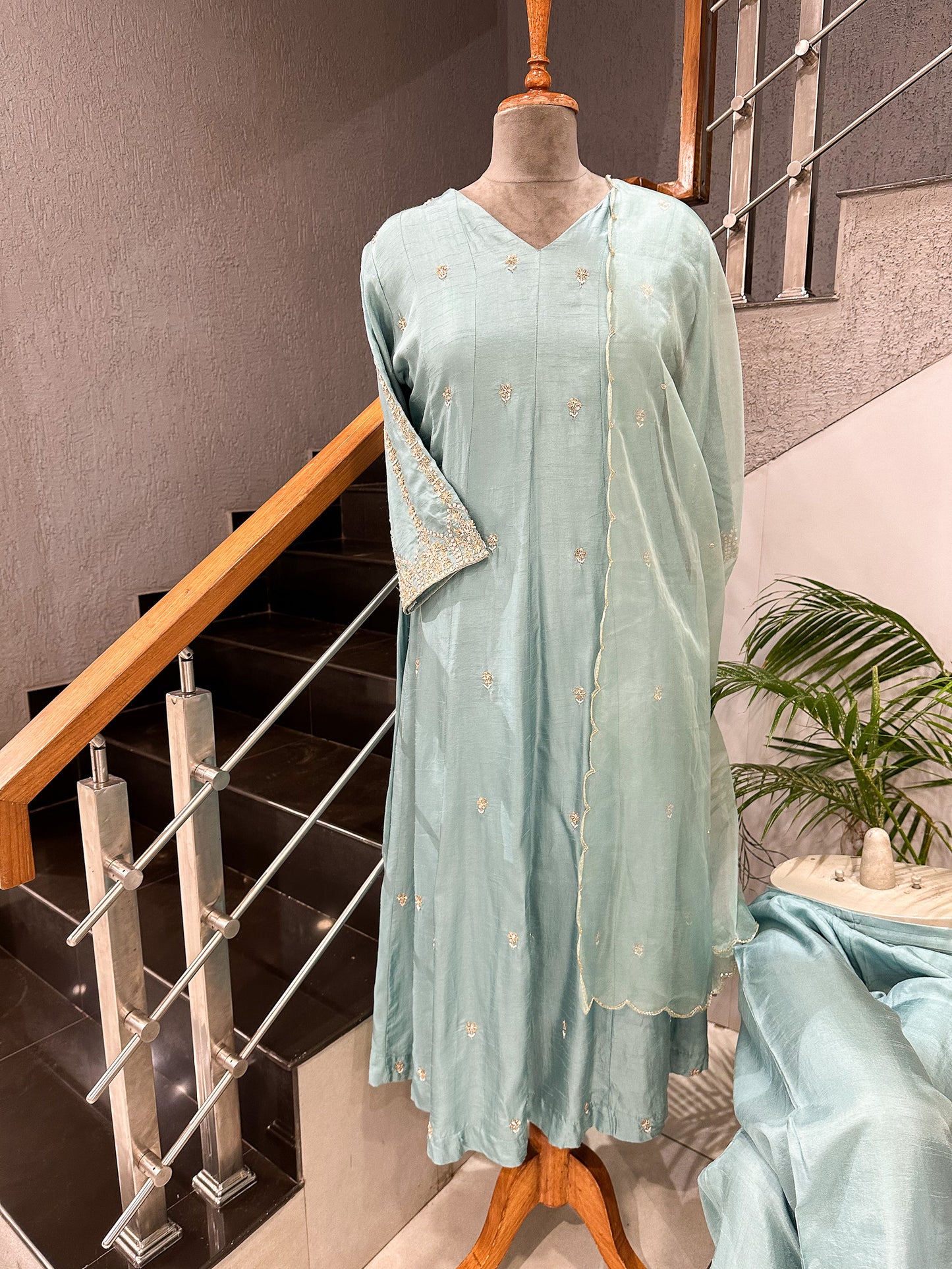 Pastel Blue Dola Silk Anarkali Set with Organza Dupatta | Elegant Festive Wear Suit