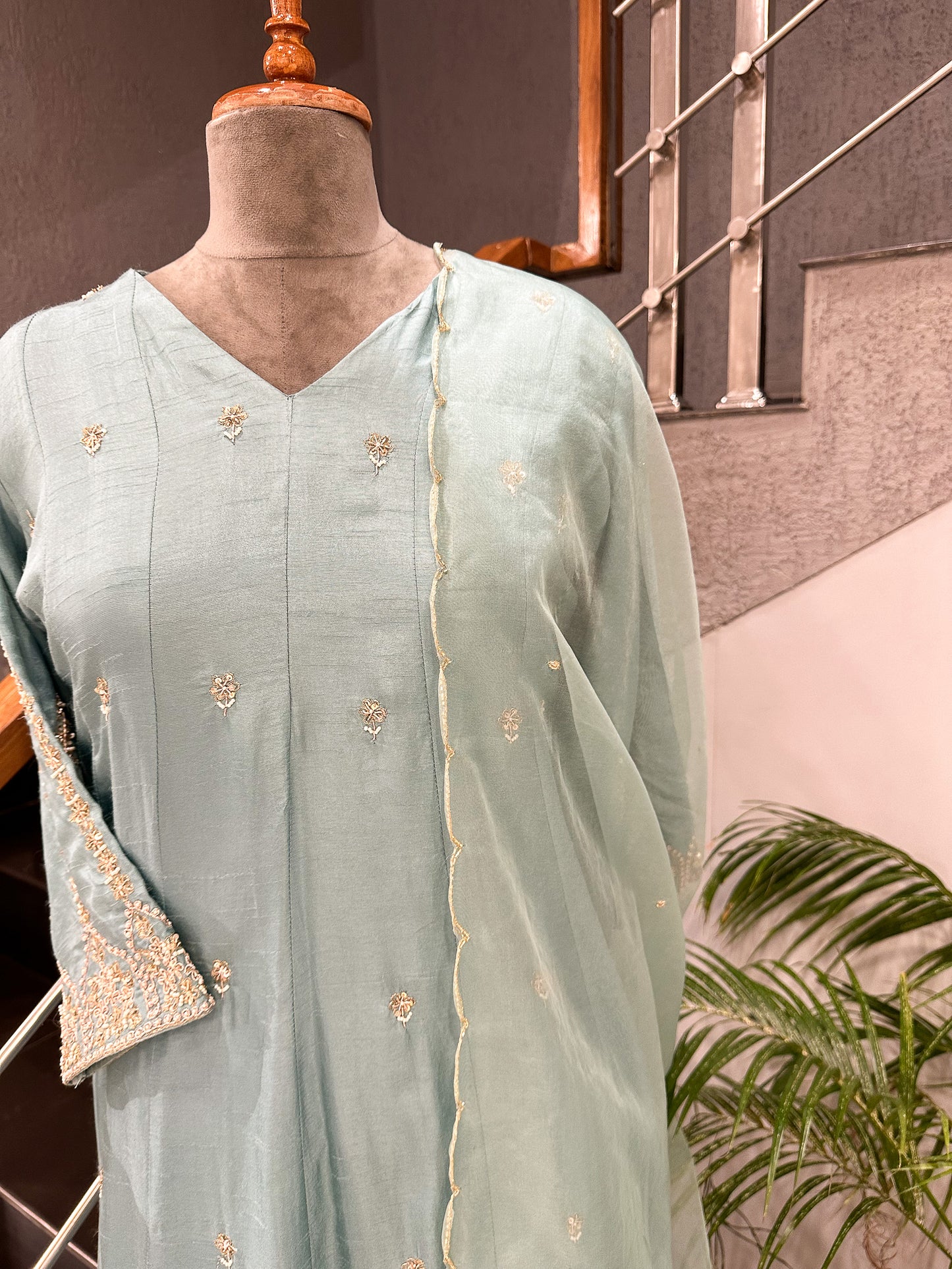 Pastel Blue Dola Silk Anarkali Set with Organza Dupatta | Elegant Festive Wear Suit