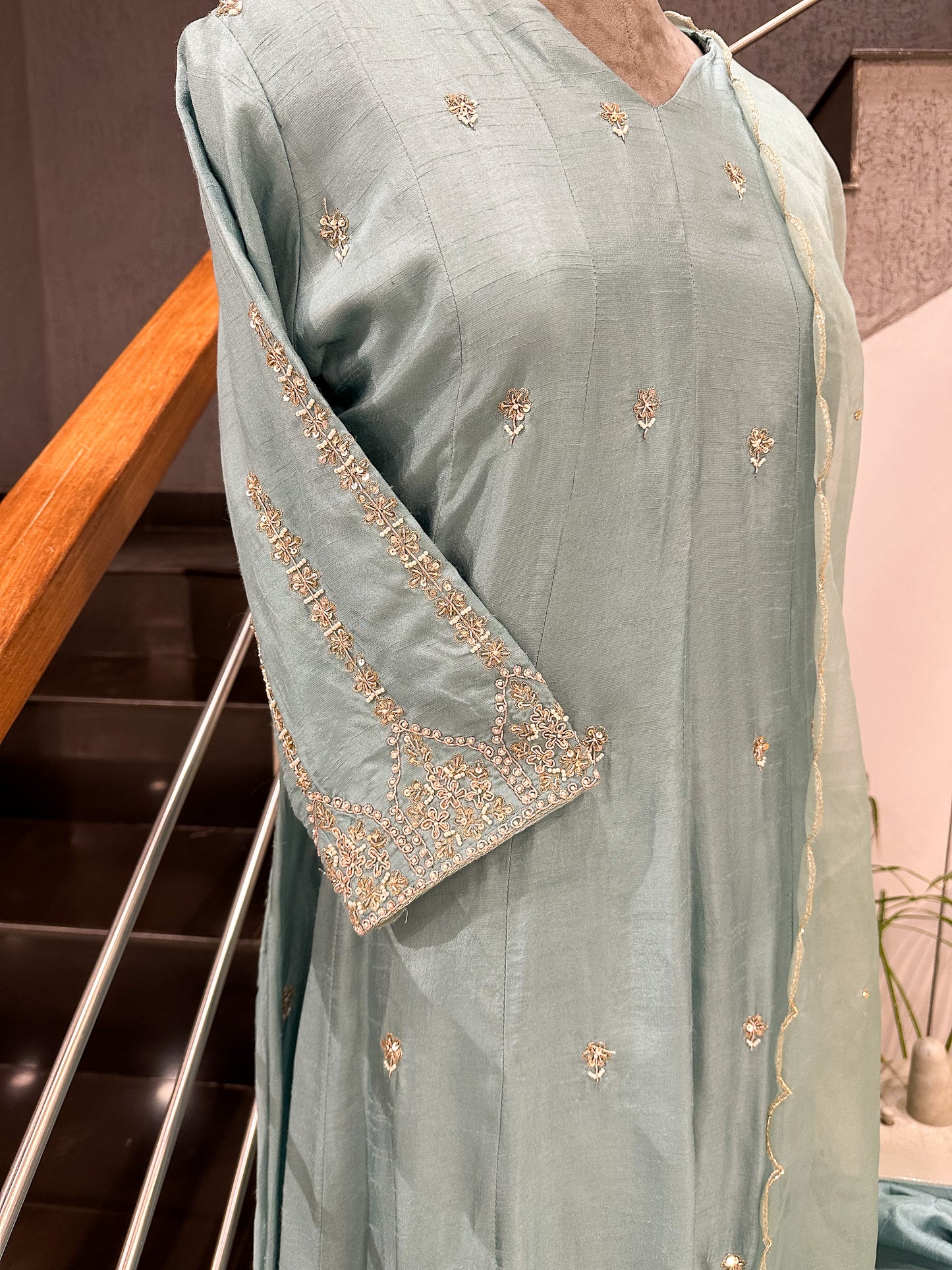Pastel Blue Dola Silk Anarkali Set with Organza Dupatta | Elegant Festive Wear Suit