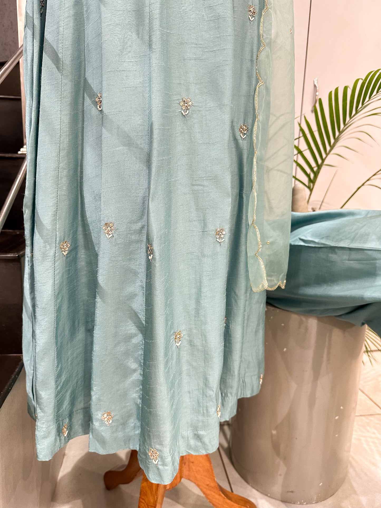 Pastel Blue Dola Silk Anarkali Set with Organza Dupatta | Elegant Festive Wear Suit