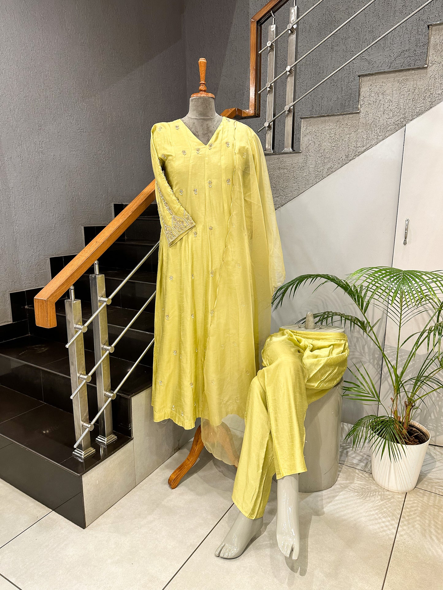 Lemon Yellow Dola Silk Anarkali Set with Organza Dupatta | Elegant Festive Wear