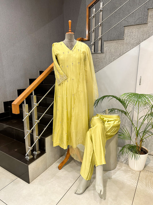 Lemon Yellow Dola Silk Anarkali Set with Organza Dupatta | Elegant Festive Wear
