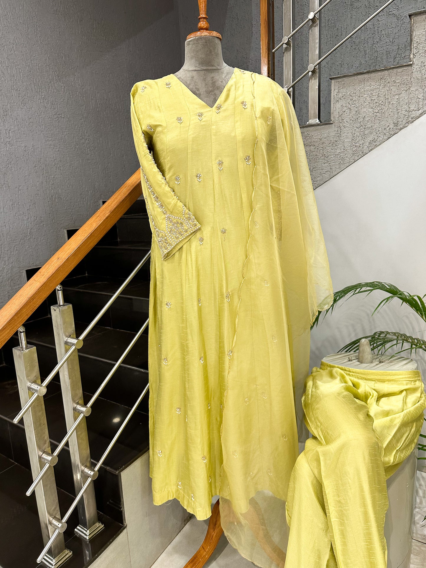 Lemon Yellow Dola Silk Anarkali Set with Organza Dupatta | Elegant Festive Wear
