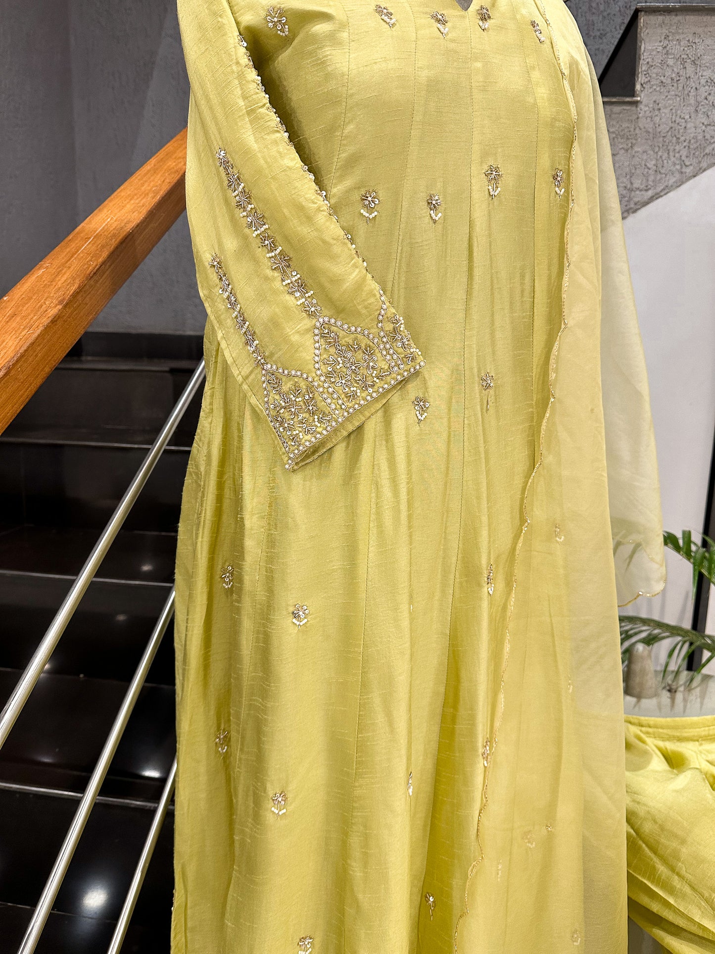 Lemon Yellow Dola Silk Anarkali Set with Organza Dupatta | Elegant Festive Wear