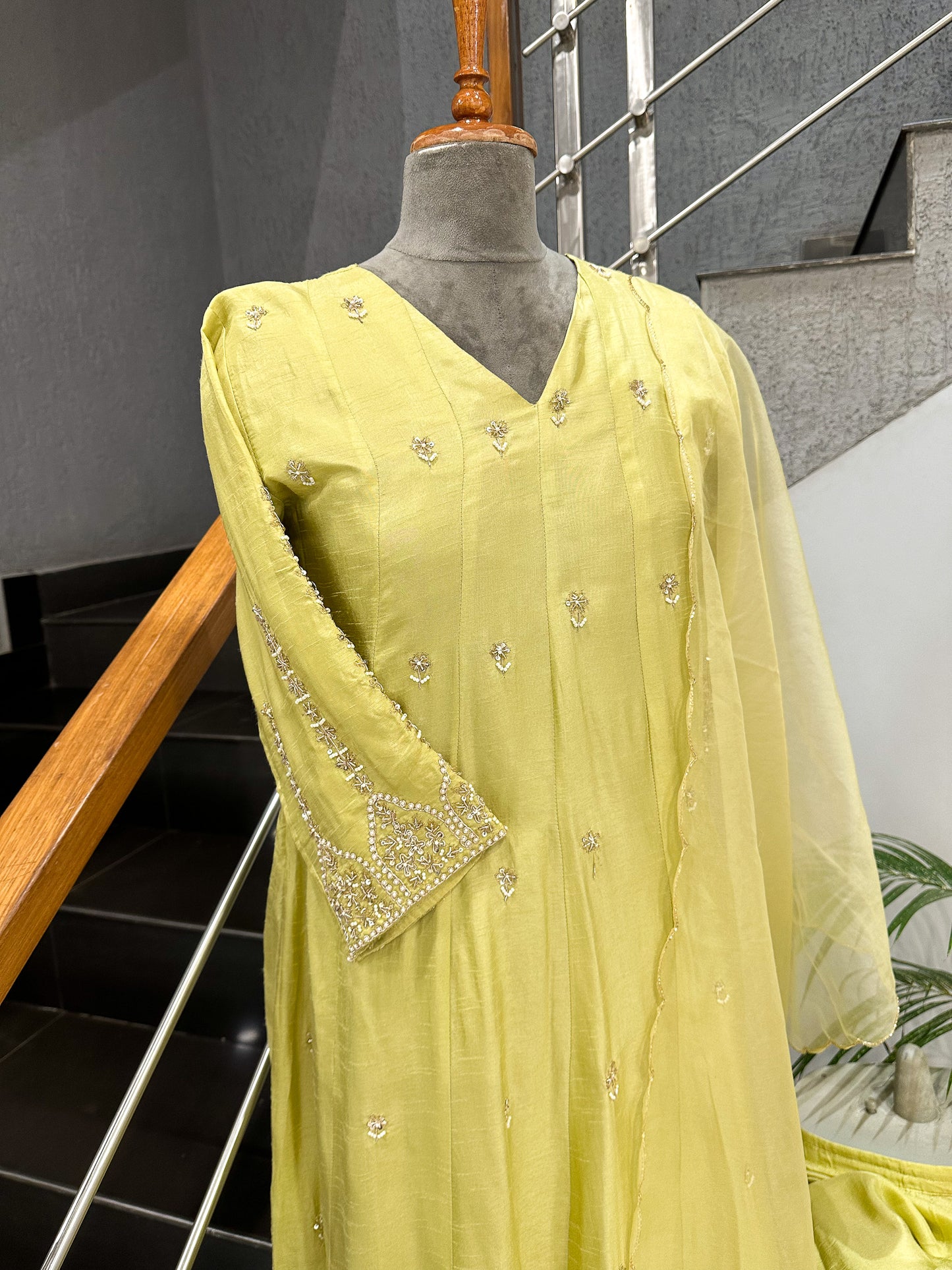 Lemon Yellow Dola Silk Anarkali Set with Organza Dupatta | Elegant Festive Wear