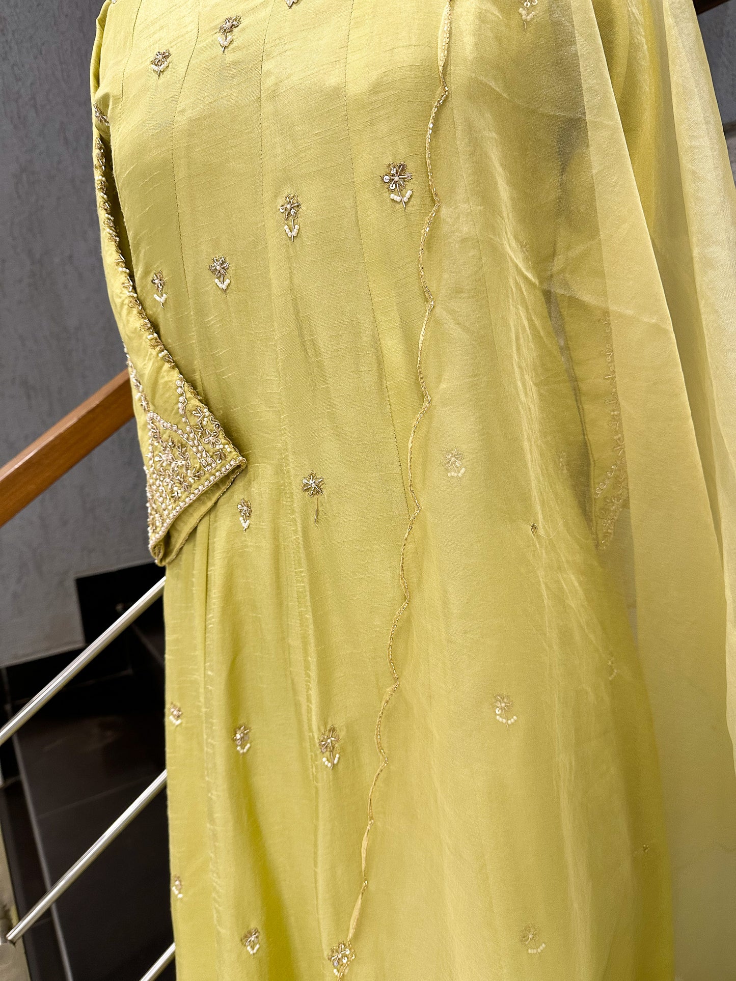 Lemon Yellow Dola Silk Anarkali Set with Organza Dupatta | Elegant Festive Wear