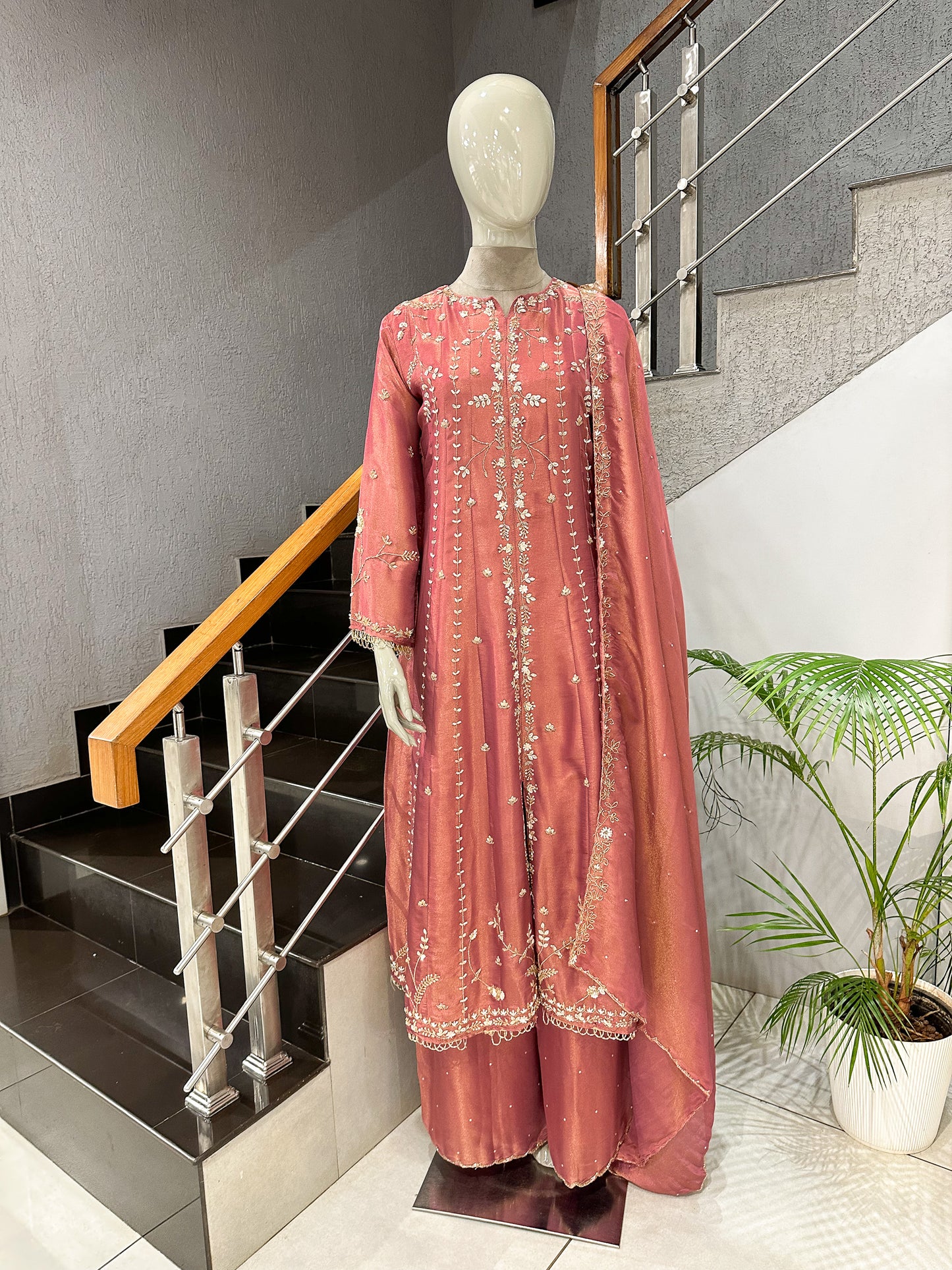 Rose Pink Shimmer Panel Cut Salwar Set with Plazo & Dupatta | Premium Party Wear