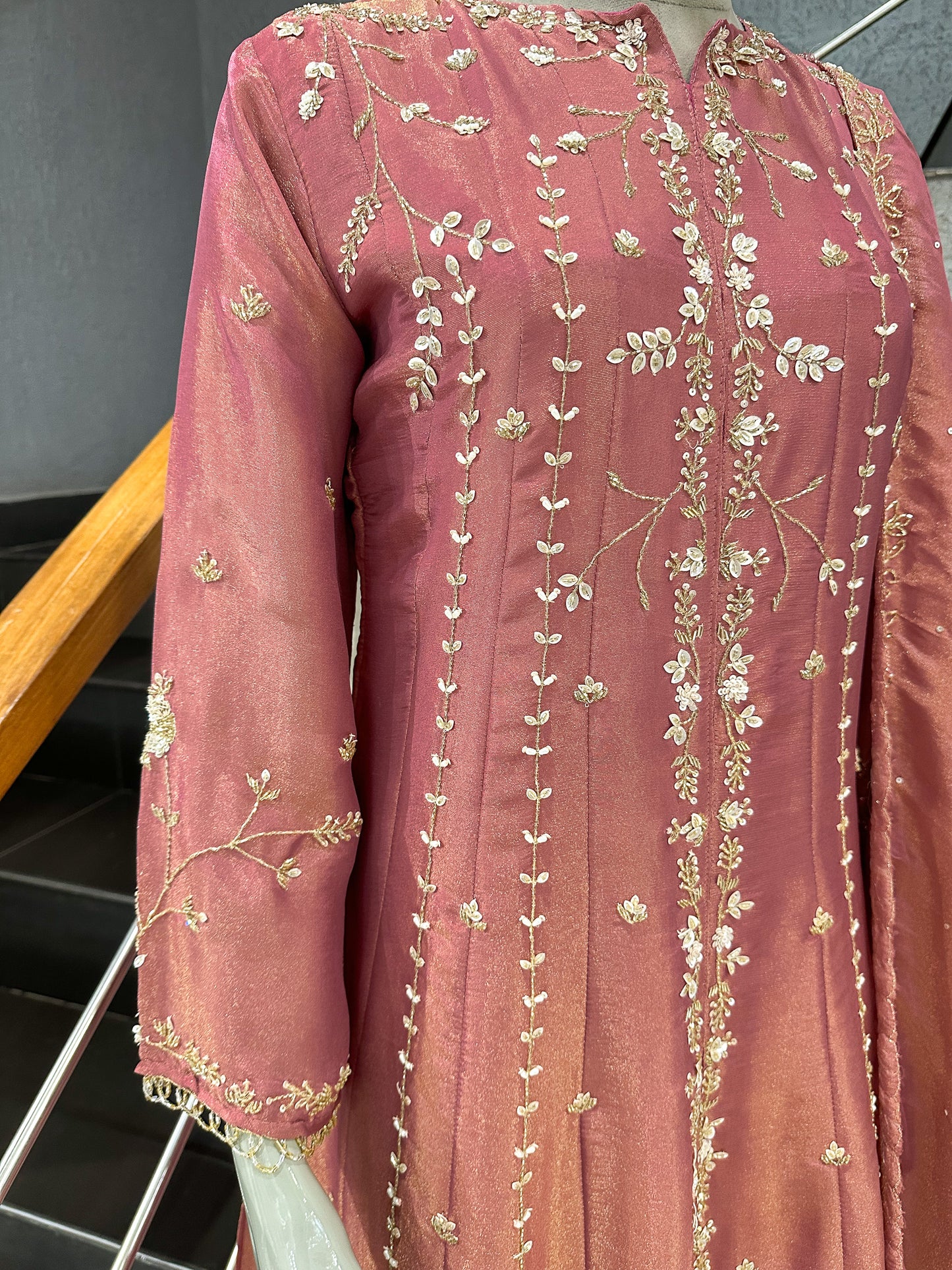 Rose Pink Shimmer Panel Cut Salwar Set with Plazo & Dupatta | Premium Party Wear