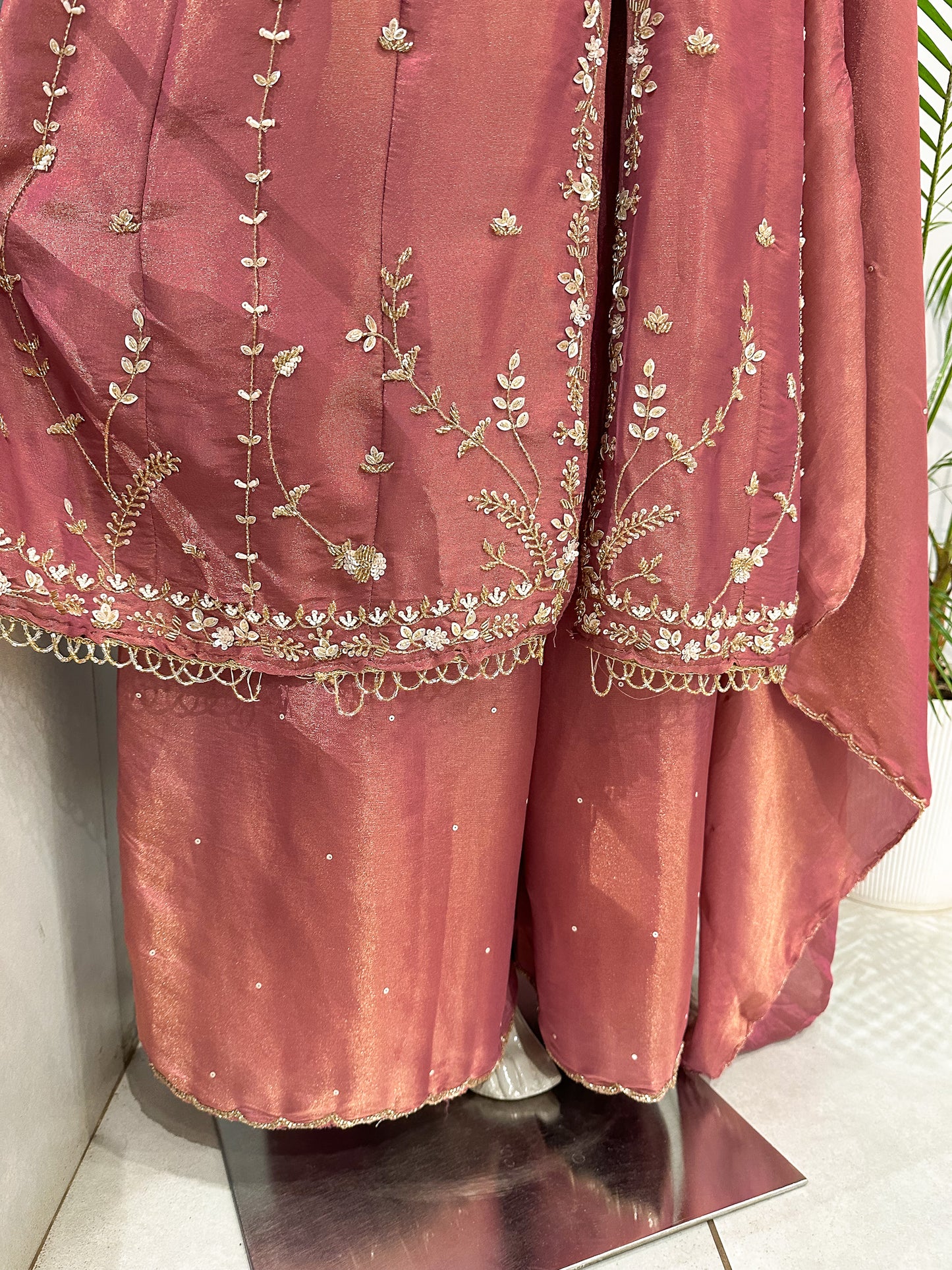 Rose Pink Shimmer Panel Cut Salwar Set with Plazo & Dupatta | Premium Party Wear