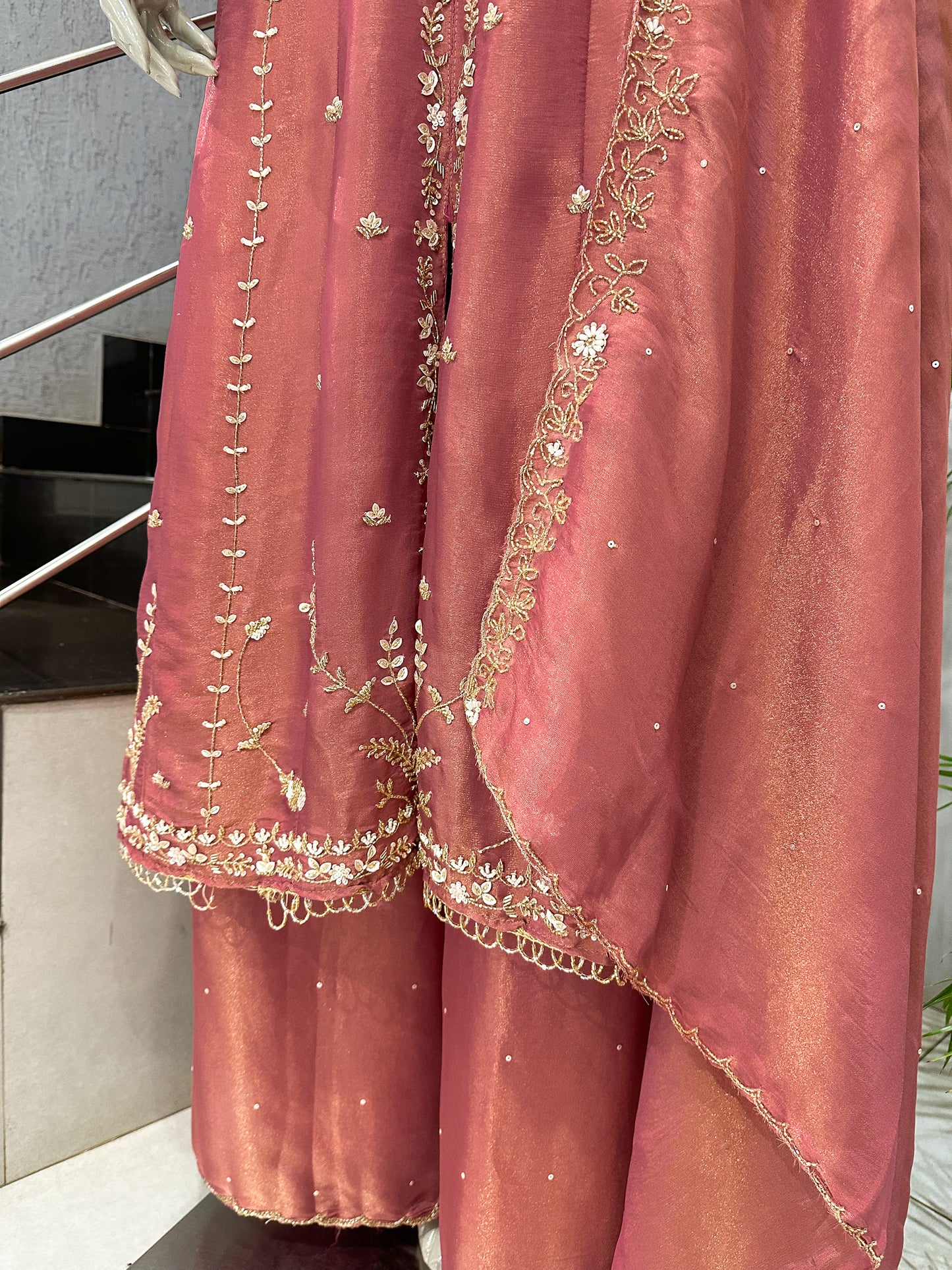 Rose Pink Shimmer Panel Cut Salwar Set with Plazo & Dupatta | Premium Party Wear