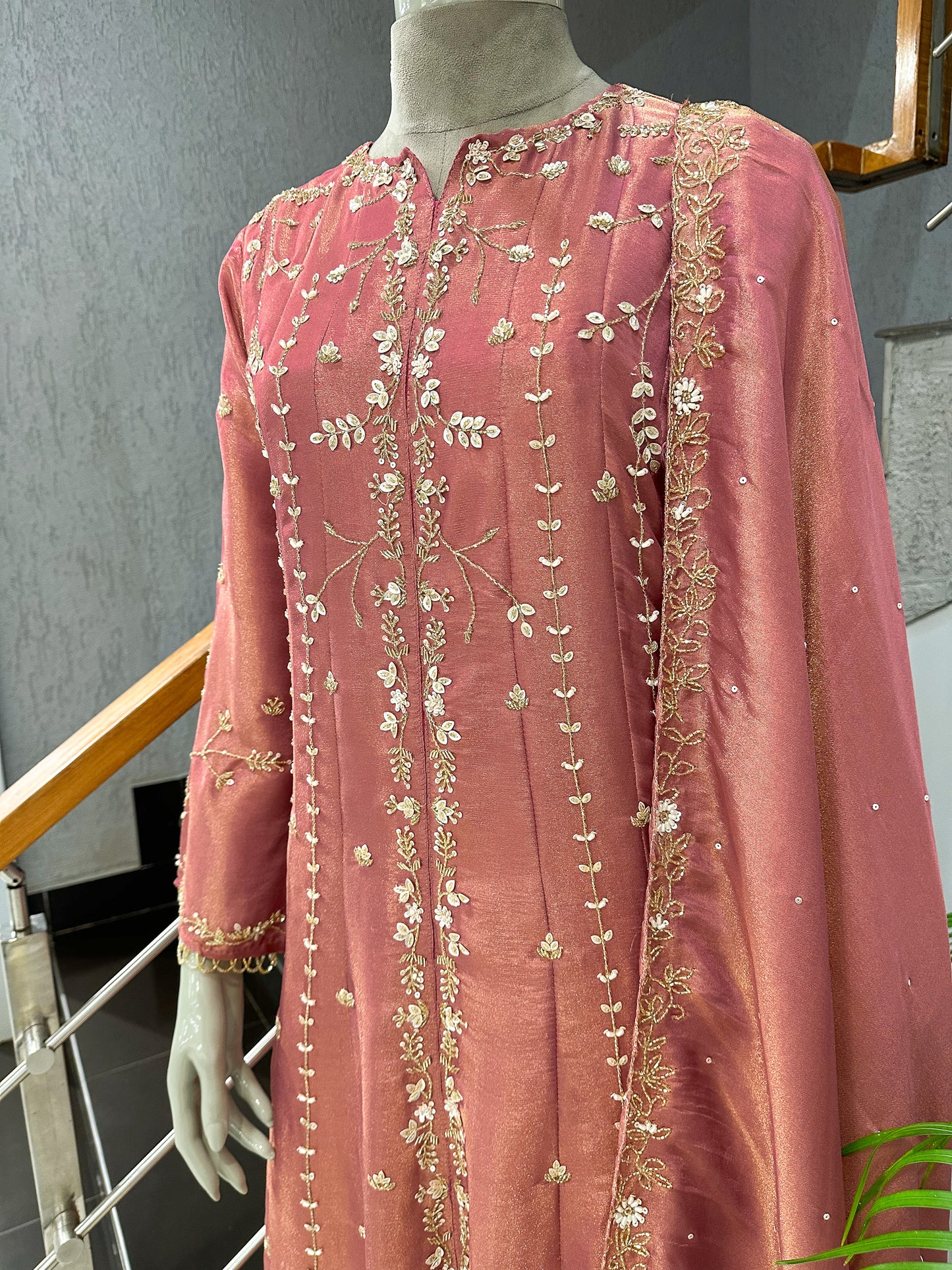 Rose Pink Shimmer Panel Cut Salwar Set with Plazo & Dupatta | Premium Party Wear