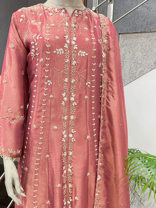 Rose Pink Shimmer Panel Cut Salwar Set with Plazo & Dupatta | Premium Party Wear