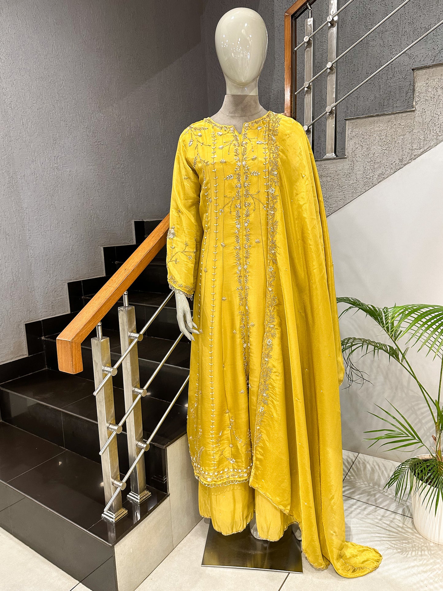 Mustard Yellow Shimmer Salwar Set with Embroidered Dupatta | Premium Party Wear
