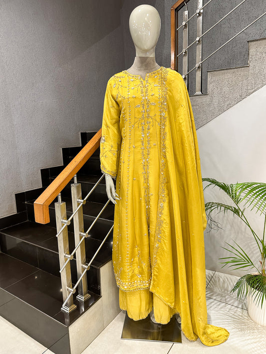 Mustard Yellow Shimmer Salwar Set with Embroidered Dupatta | Premium Party Wear