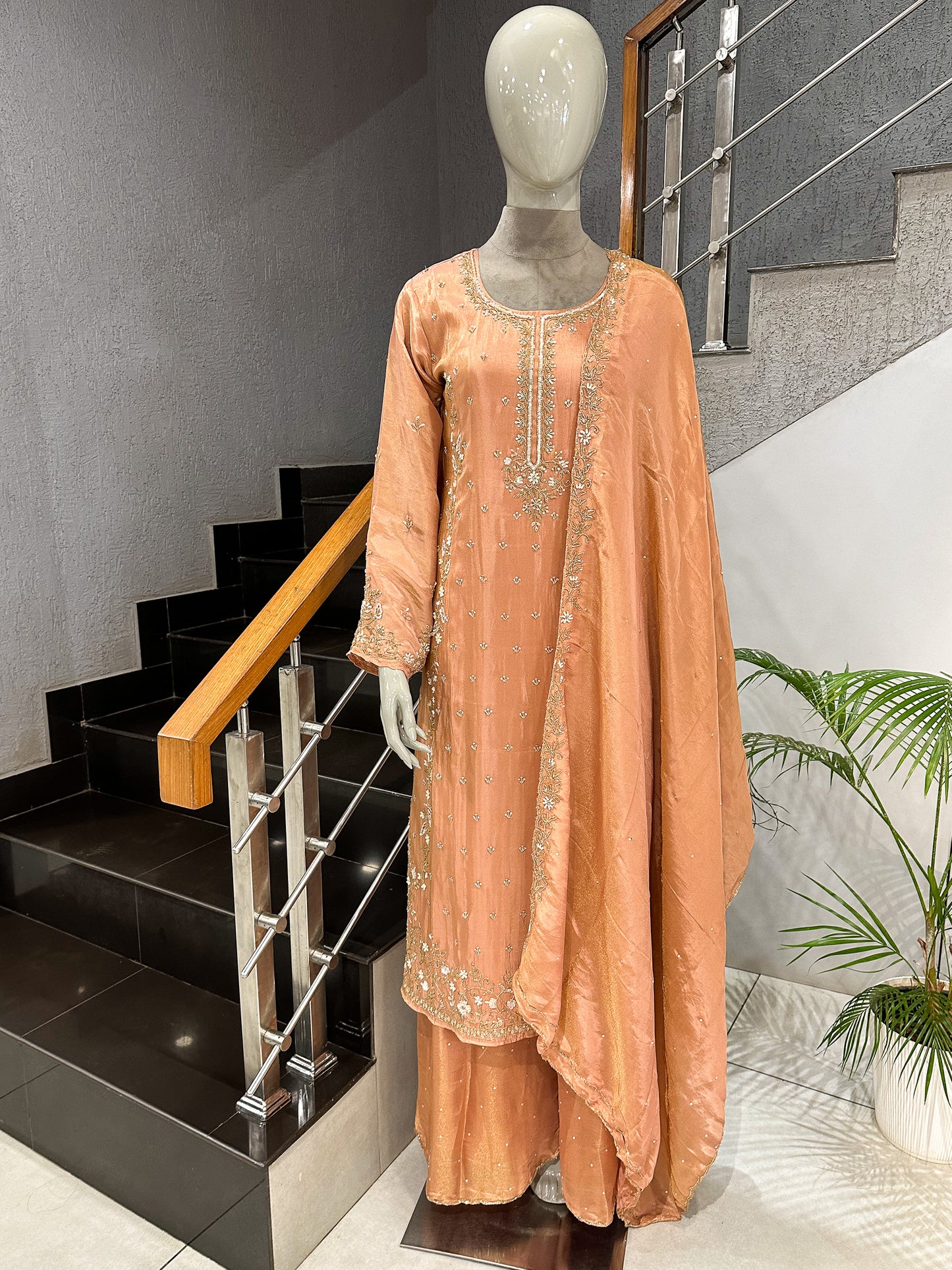 Peach Shimmer Embroidered Salwar Set with Dupatta | Elegant Festive Wear
