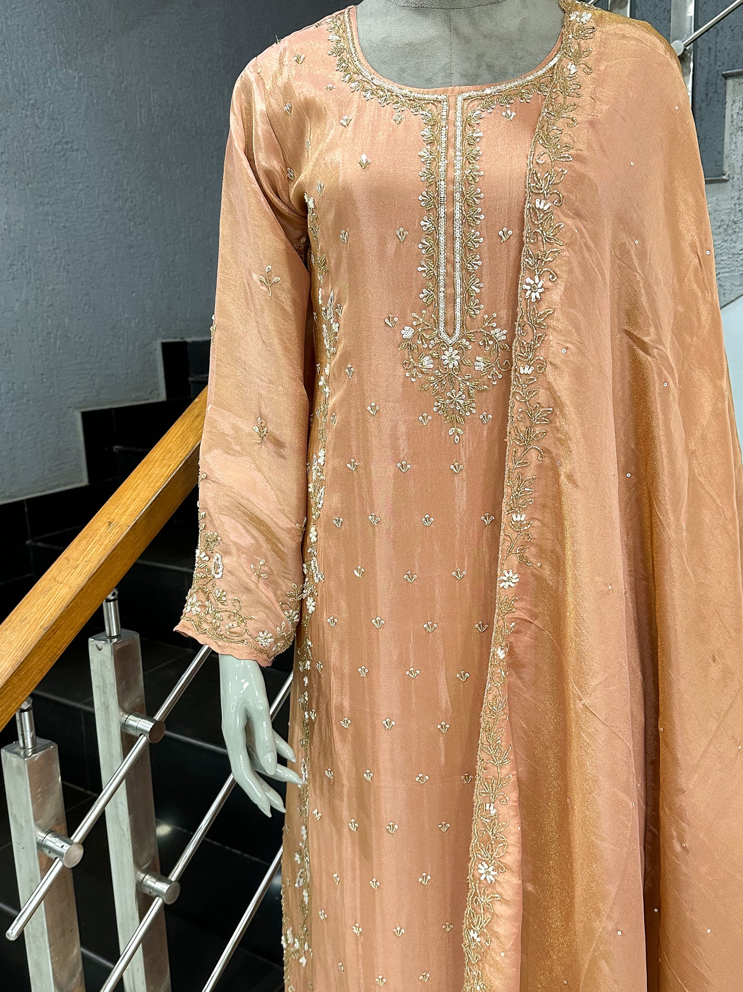 Peach Shimmer Embroidered Salwar Set with Dupatta | Elegant Festive Wear