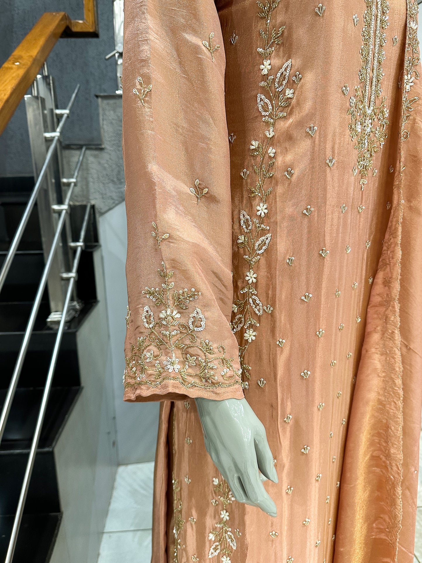 Peach Shimmer Embroidered Salwar Set with Dupatta | Elegant Festive Wear