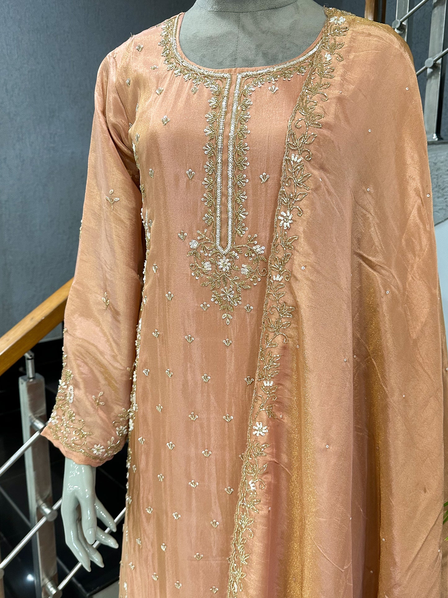 Peach Shimmer Embroidered Salwar Set with Dupatta | Elegant Festive Wear