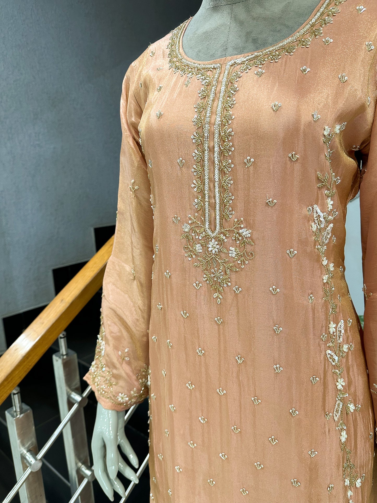 Peach Shimmer Embroidered Salwar Set with Dupatta | Elegant Festive Wear