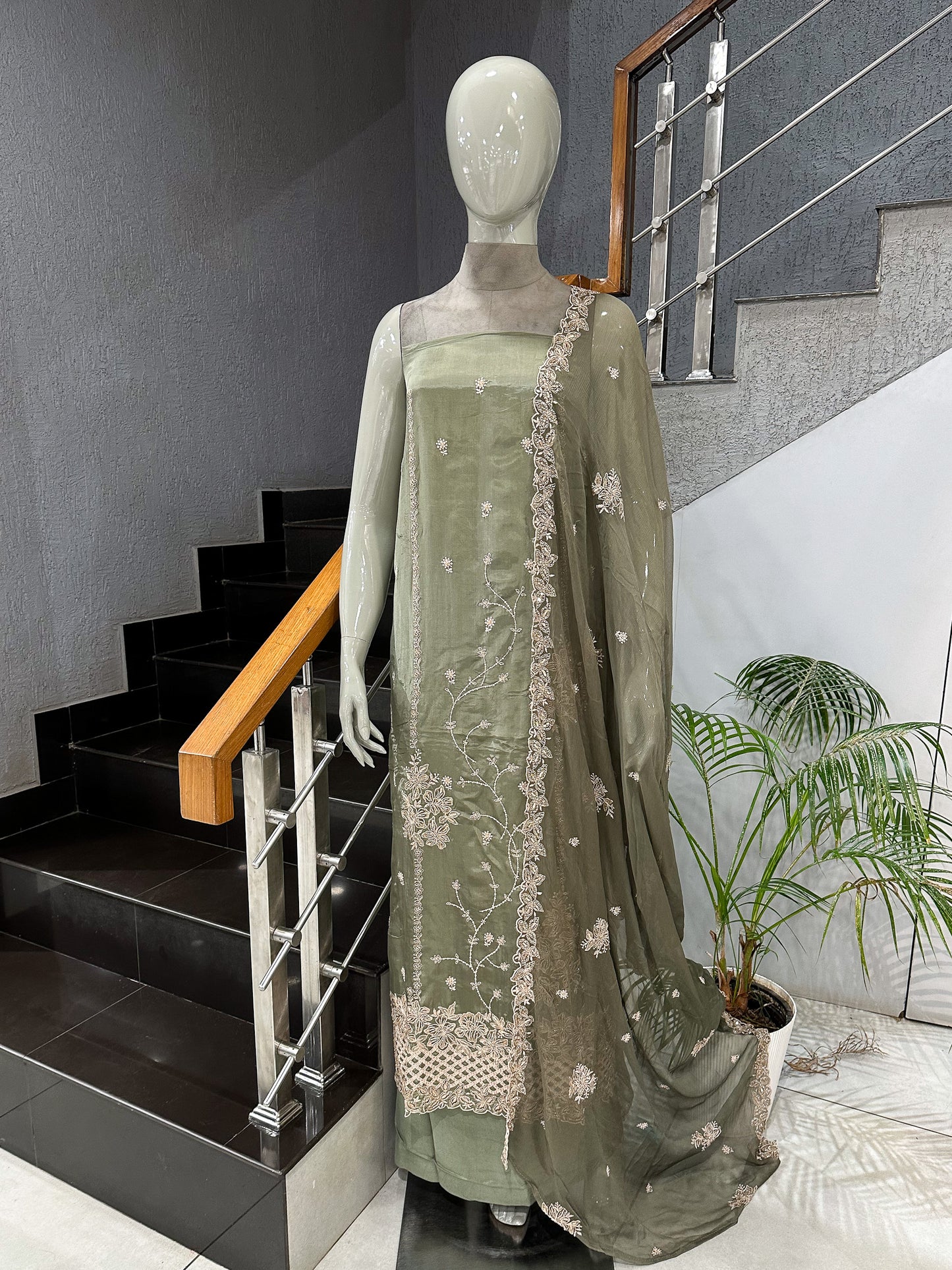 Olive Green Shimmer Unstitched Churidar Set with Embroidered Chinon Dupatta | Premium Festive Fabric