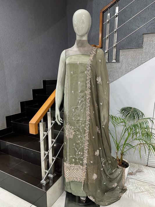Olive Green Shimmer Unstitched Churidar Set with Embroidered Chinon Dupatta | Premium Festive Fabric
