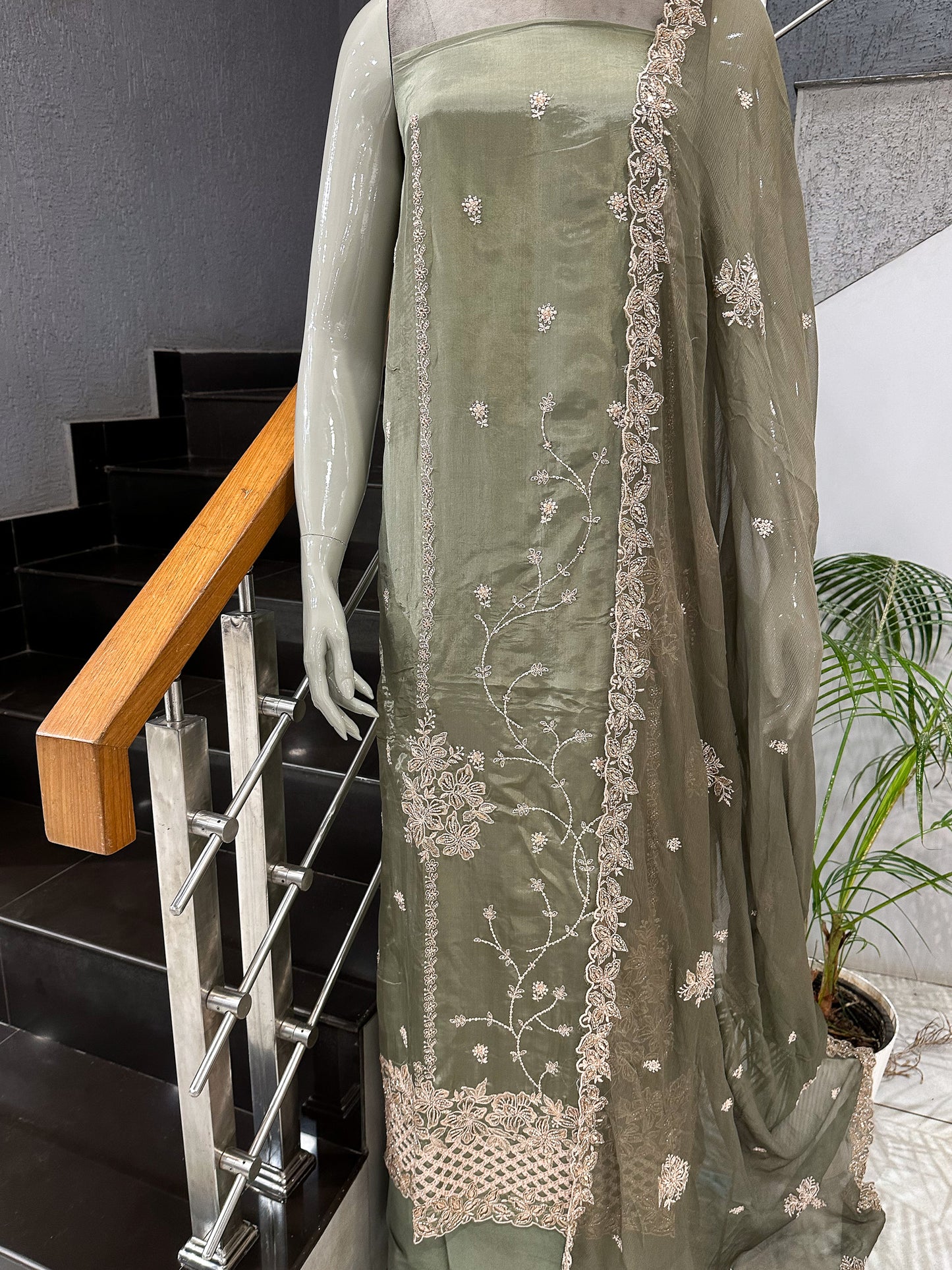 Olive Green Shimmer Unstitched Churidar Set with Embroidered Chinon Dupatta | Premium Festive Fabric