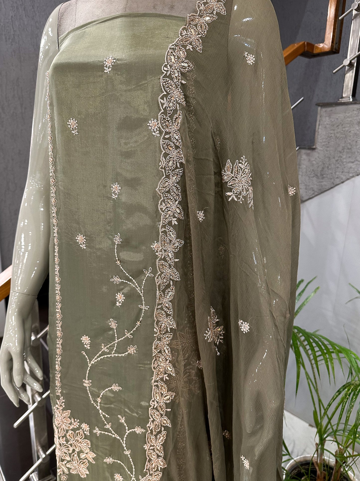 Olive Green Shimmer Unstitched Churidar Set with Embroidered Chinon Dupatta | Premium Festive Fabric