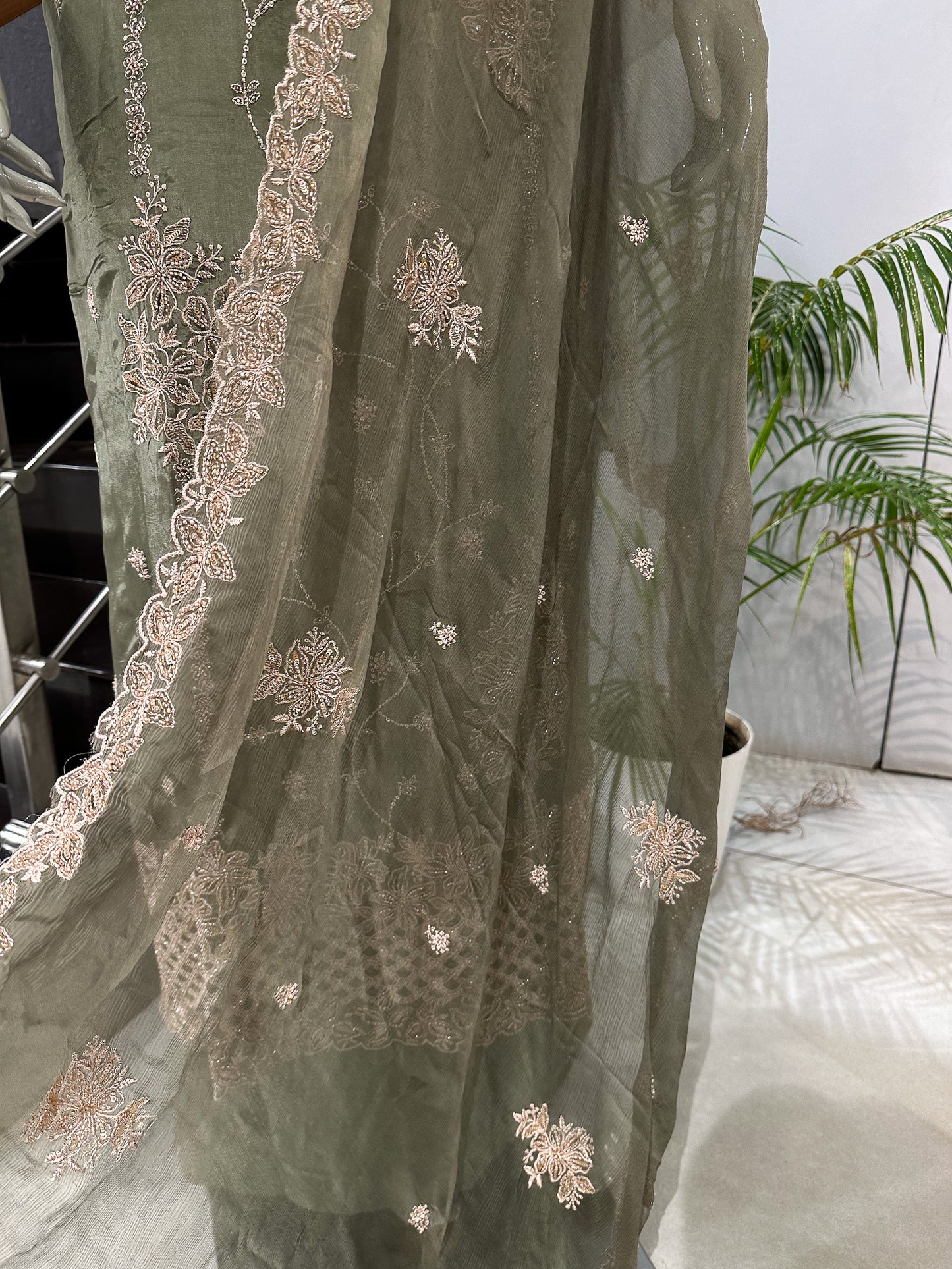 Olive Green Shimmer Unstitched Churidar Set with Embroidered Chinon Dupatta | Premium Festive Fabric