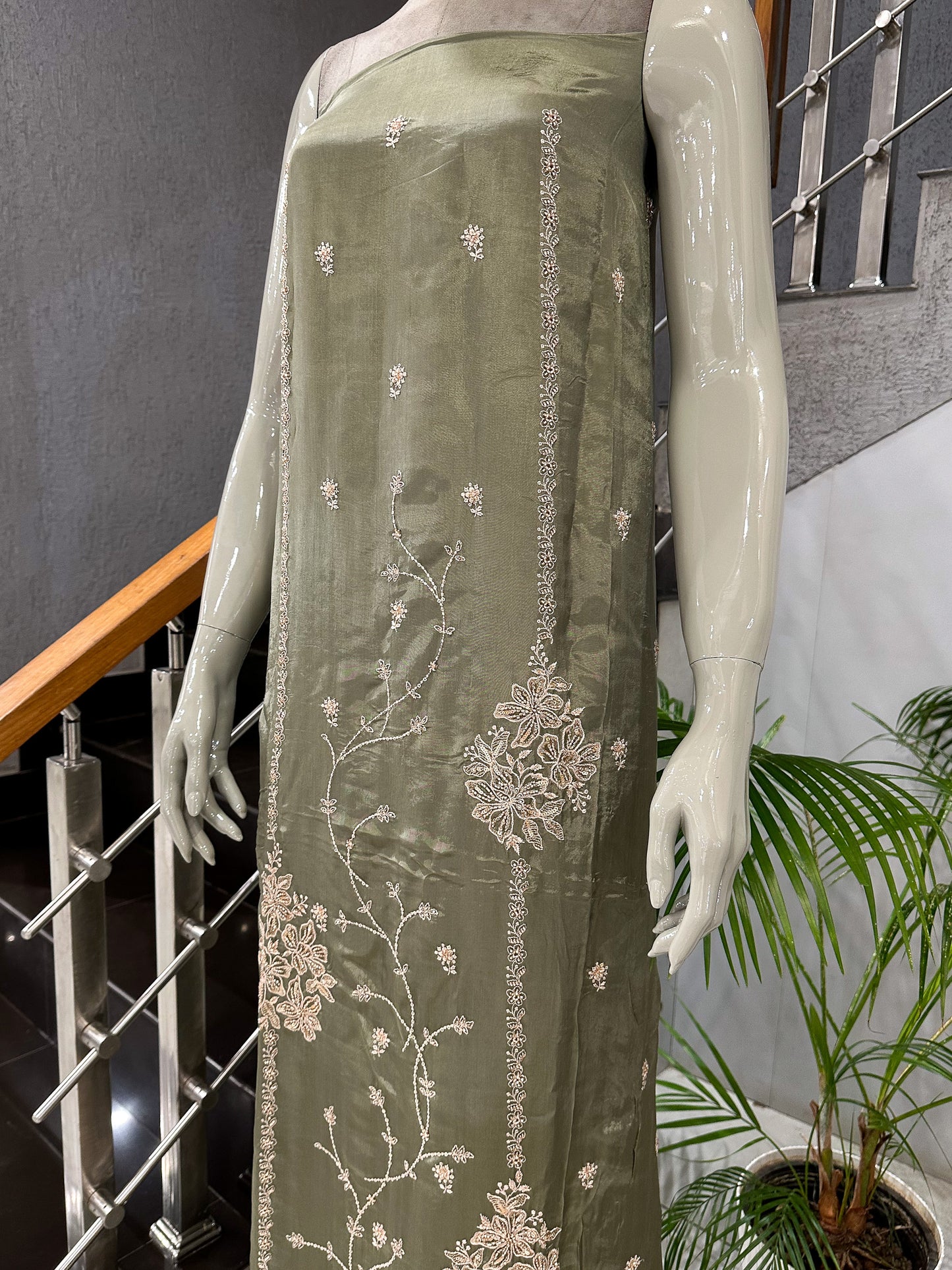 Olive Green Shimmer Unstitched Churidar Set with Embroidered Chinon Dupatta | Premium Festive Fabric