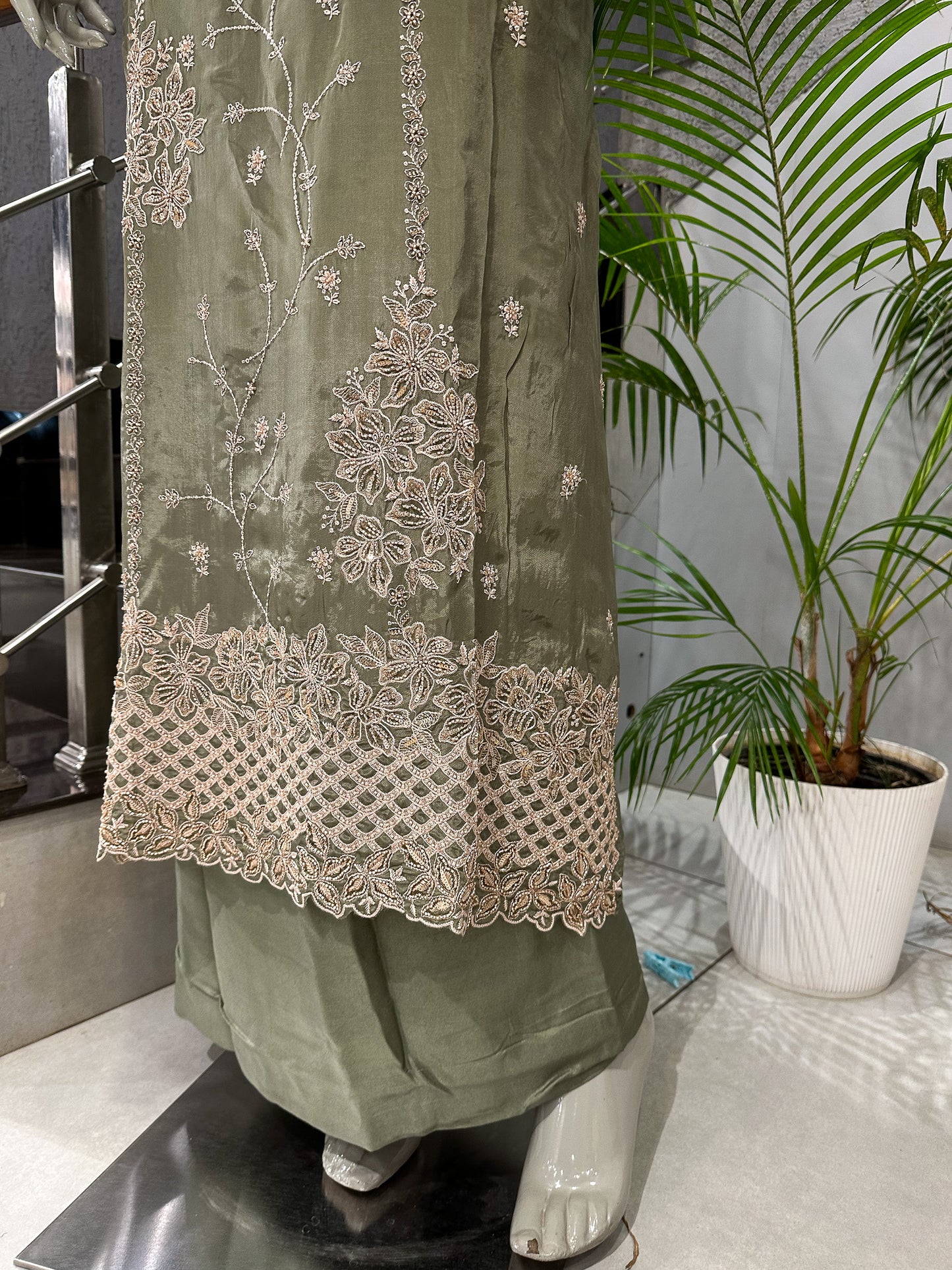 Olive Green Shimmer Unstitched Churidar Set with Embroidered Chinon Dupatta | Premium Festive Fabric